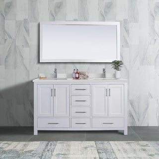 60" White Freestanding Double Sink Bathroom Vanity with White Quartz Countertop - Golden Elite Deco