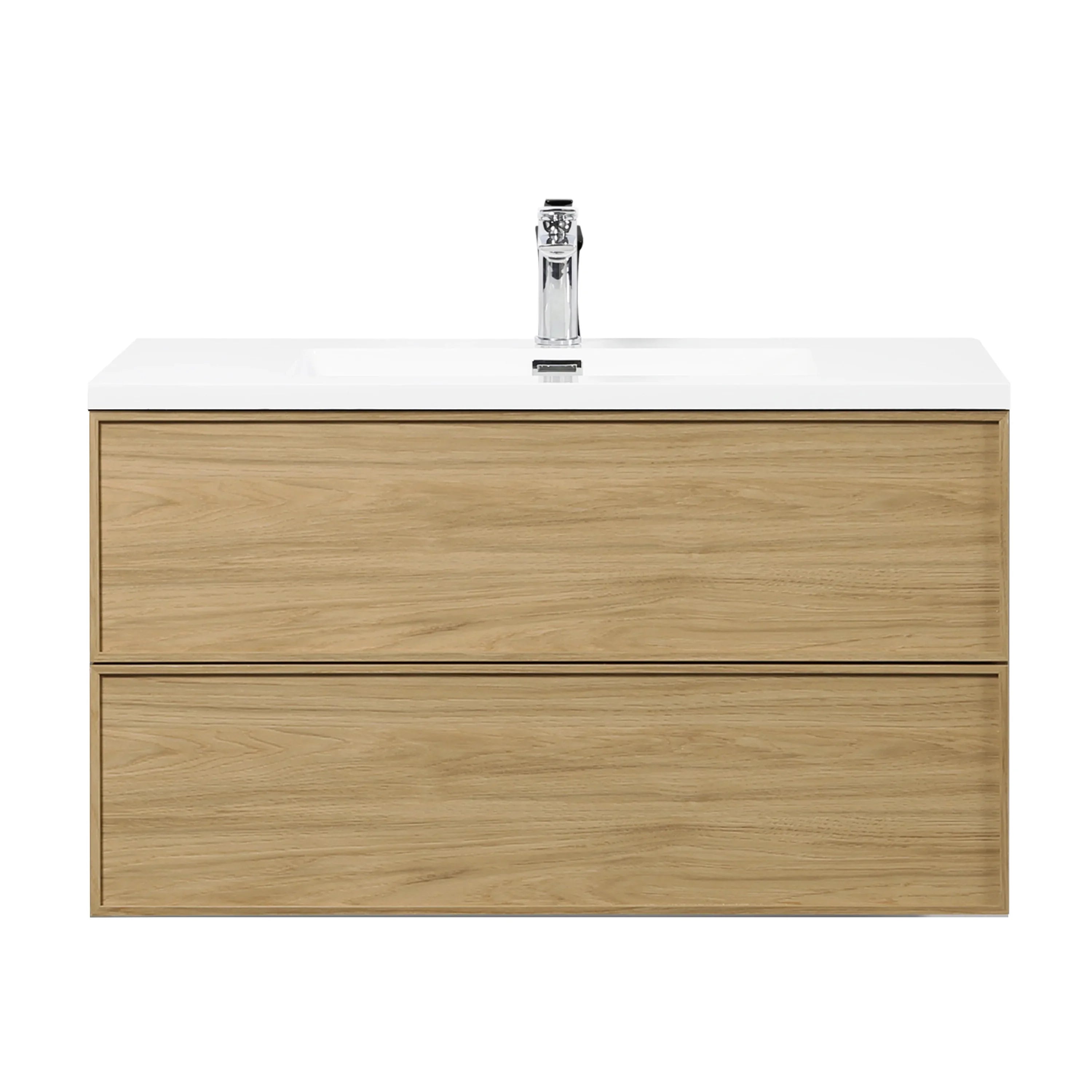 Meuble Lavabo Flottant 36po Noyer Couchant avec Comptoir Polymarbre Blanc - Collection Luxe