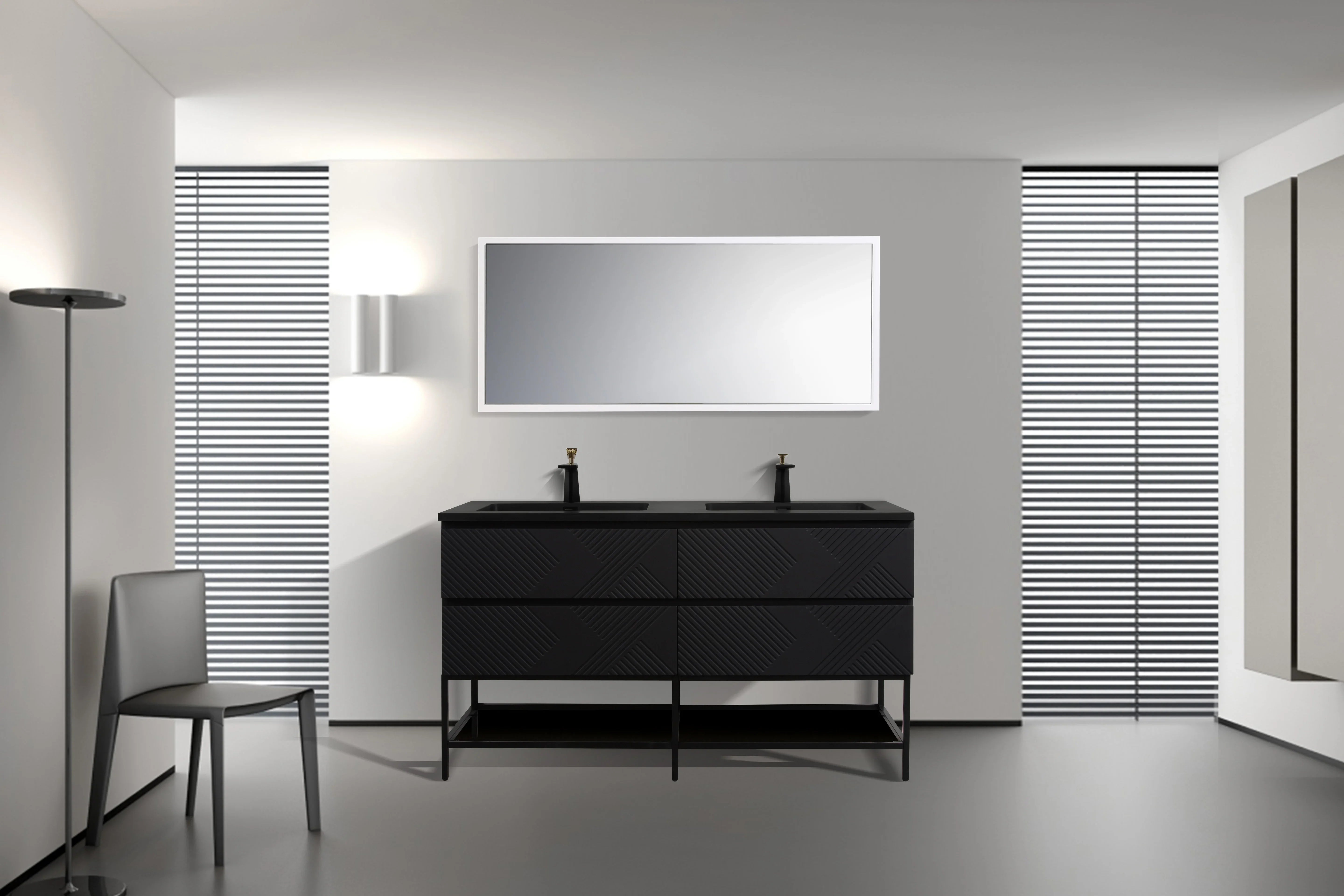 Meuble-lavabo mural noir 60" avec Comptoir en quartz technique noir