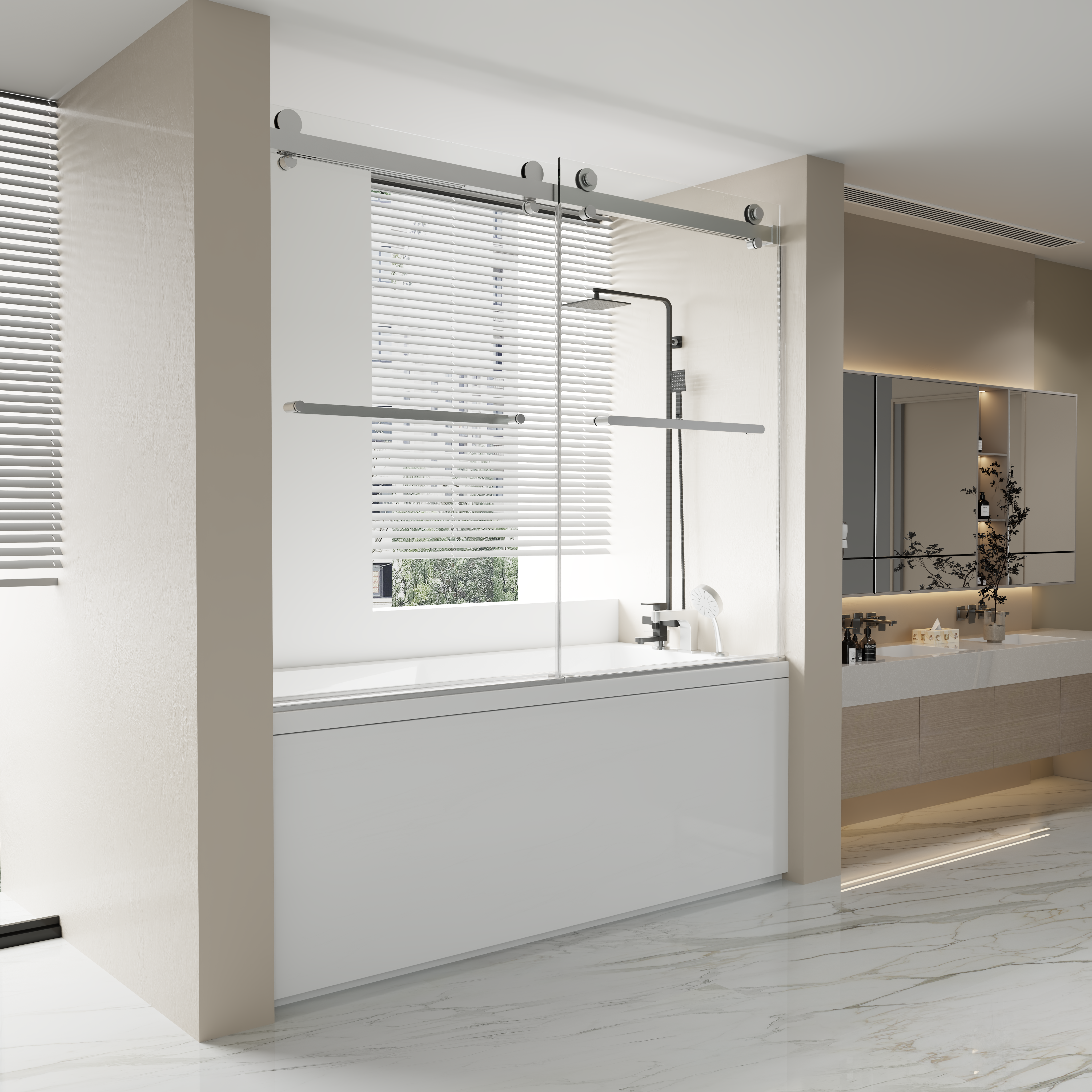 Porte de baignoire coulissante double réversible sans cadre 60po x 66po en chrome avec verre transparent