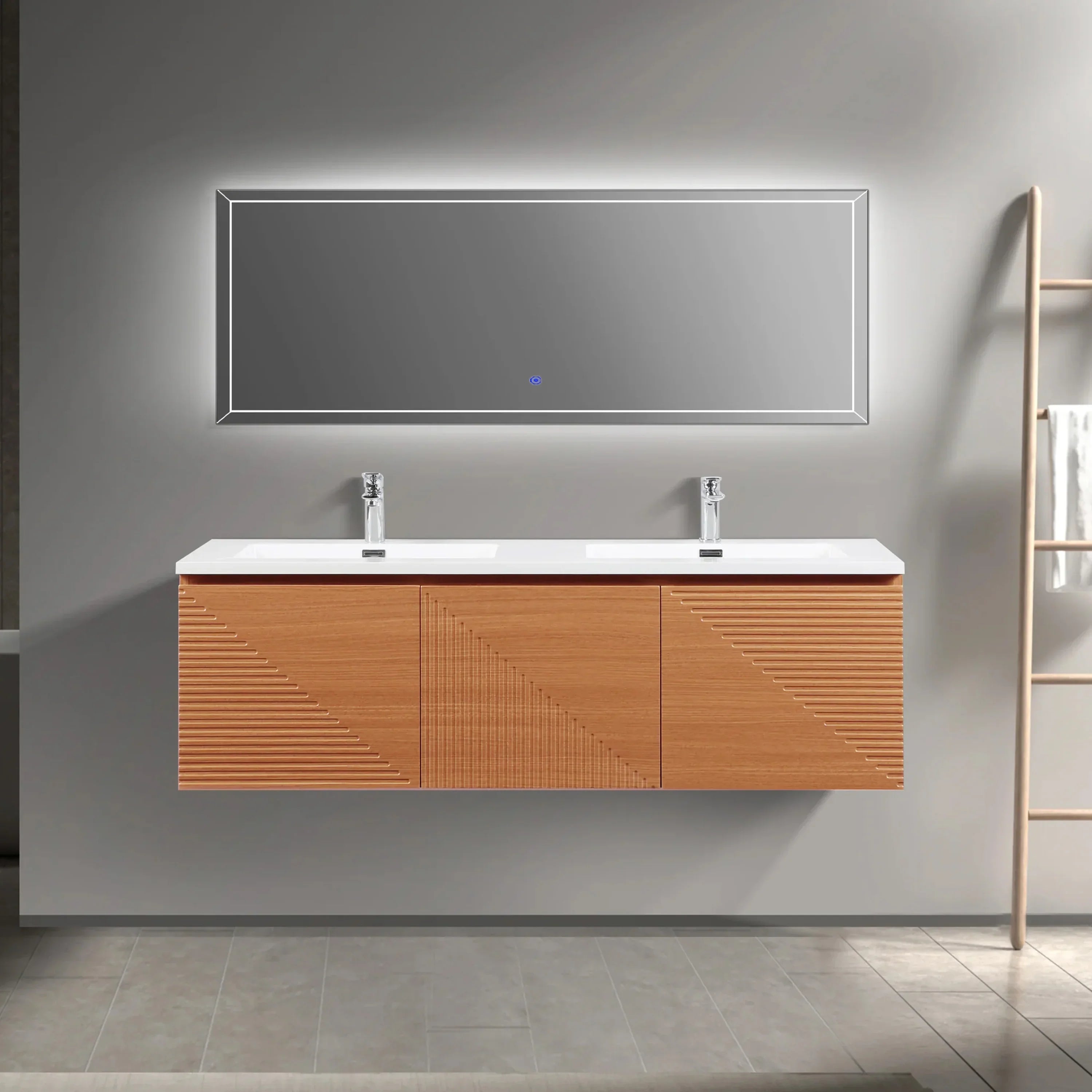 Meuble-Lavabo Mural 60 po en Chêne Clair avec Comptoir en Polymarbre Blanc