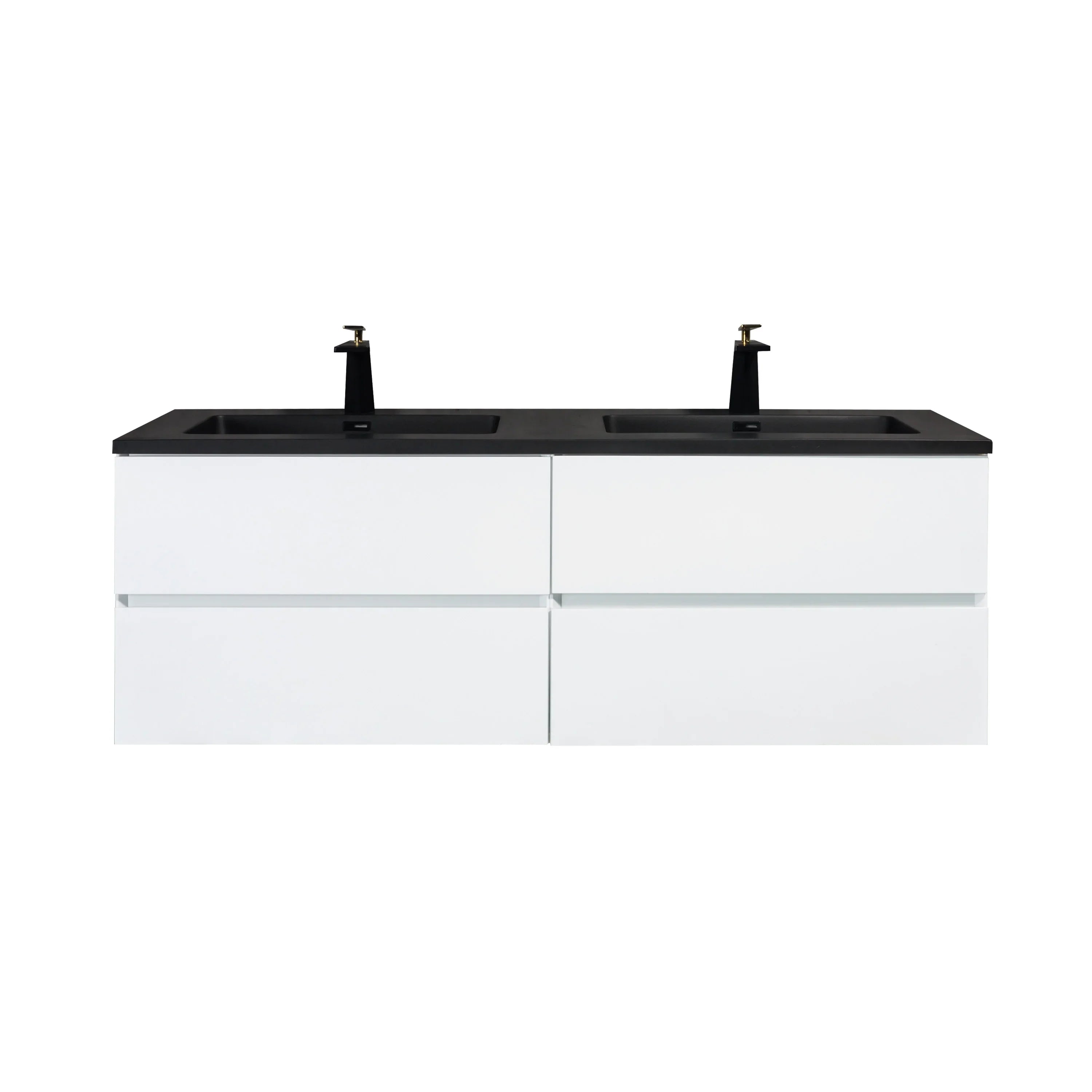 60" White Wall Mount Double Sink Bathroom Vanity with Black Engineered Quartz Countertop