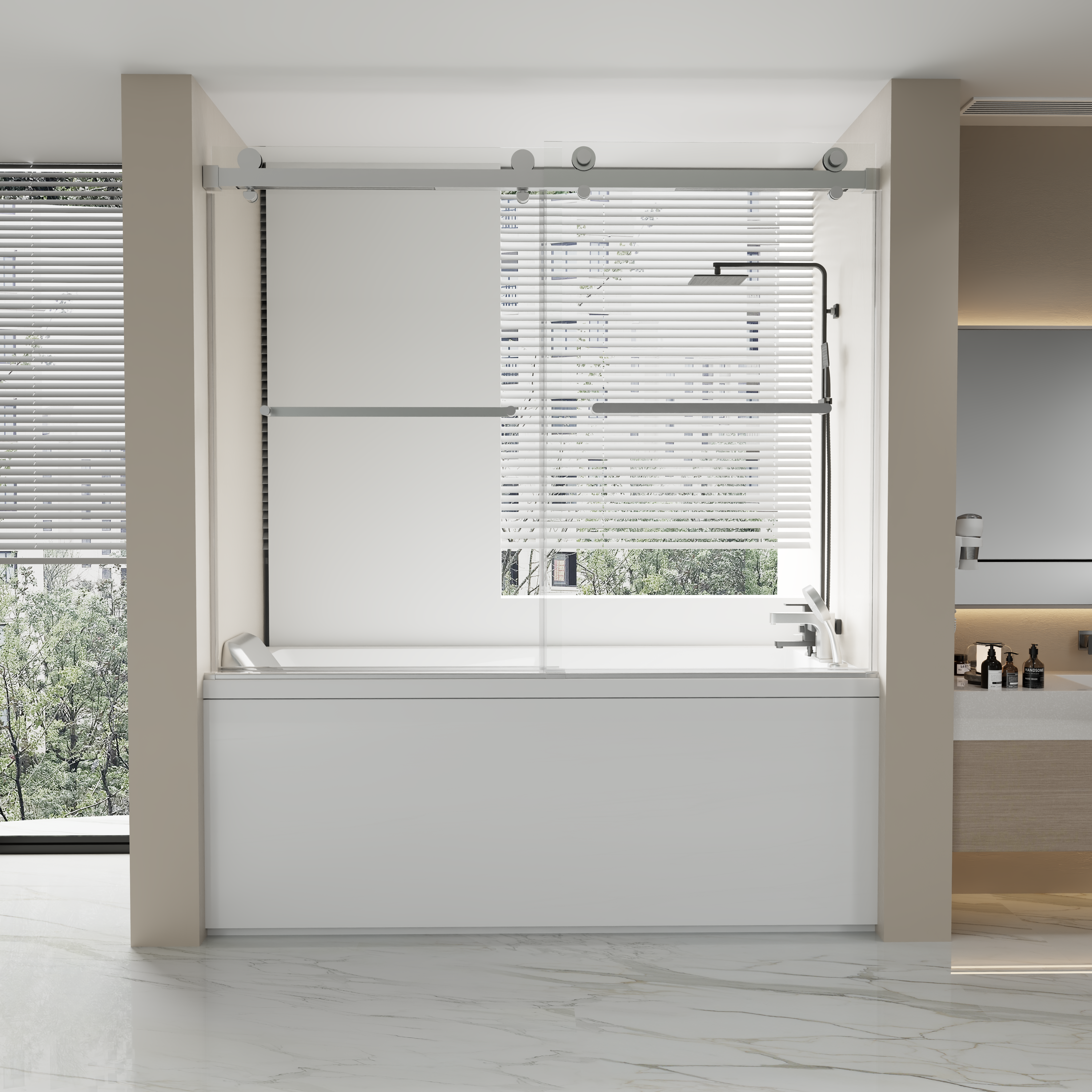 Porte de baignoire coulissante double réversible sans cadre 60po x 66po en chrome avec verre transparent