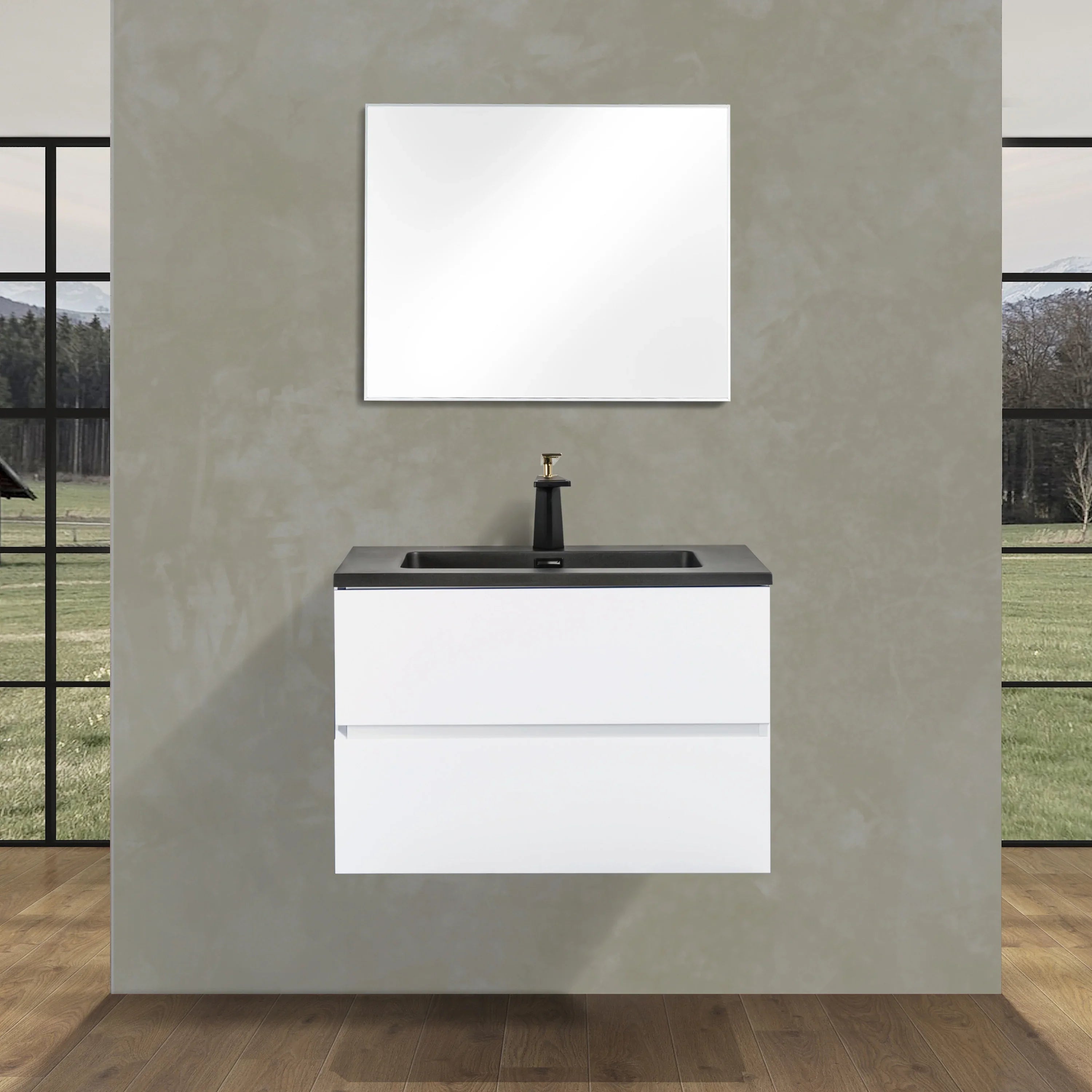 30" White Wall Mount Bathroom Vanity with Black Engineered Quartz Countertop