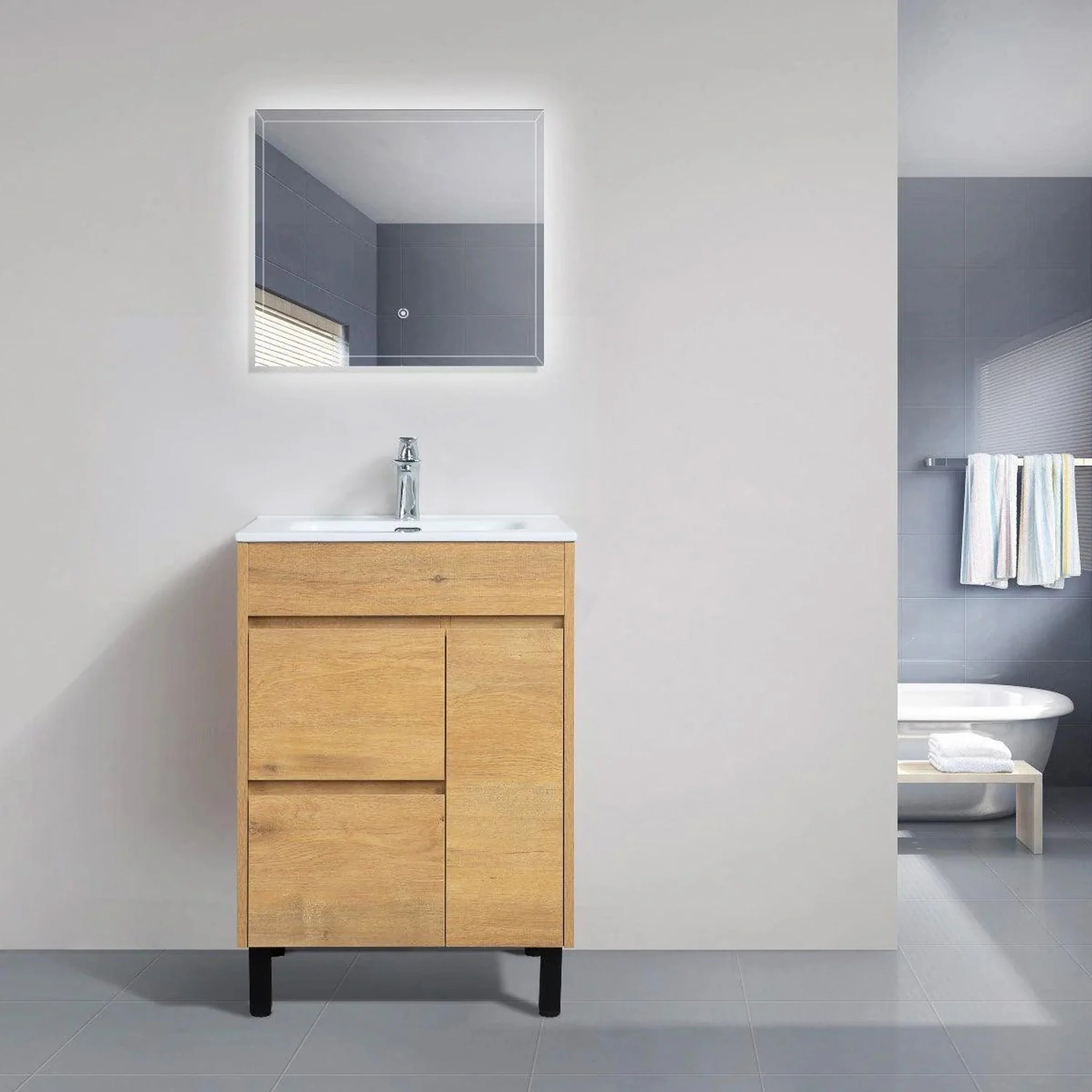 Meuble-Lavabo Autoportant 24po Chêne Givré avec Comptoir de Céramique Blanc