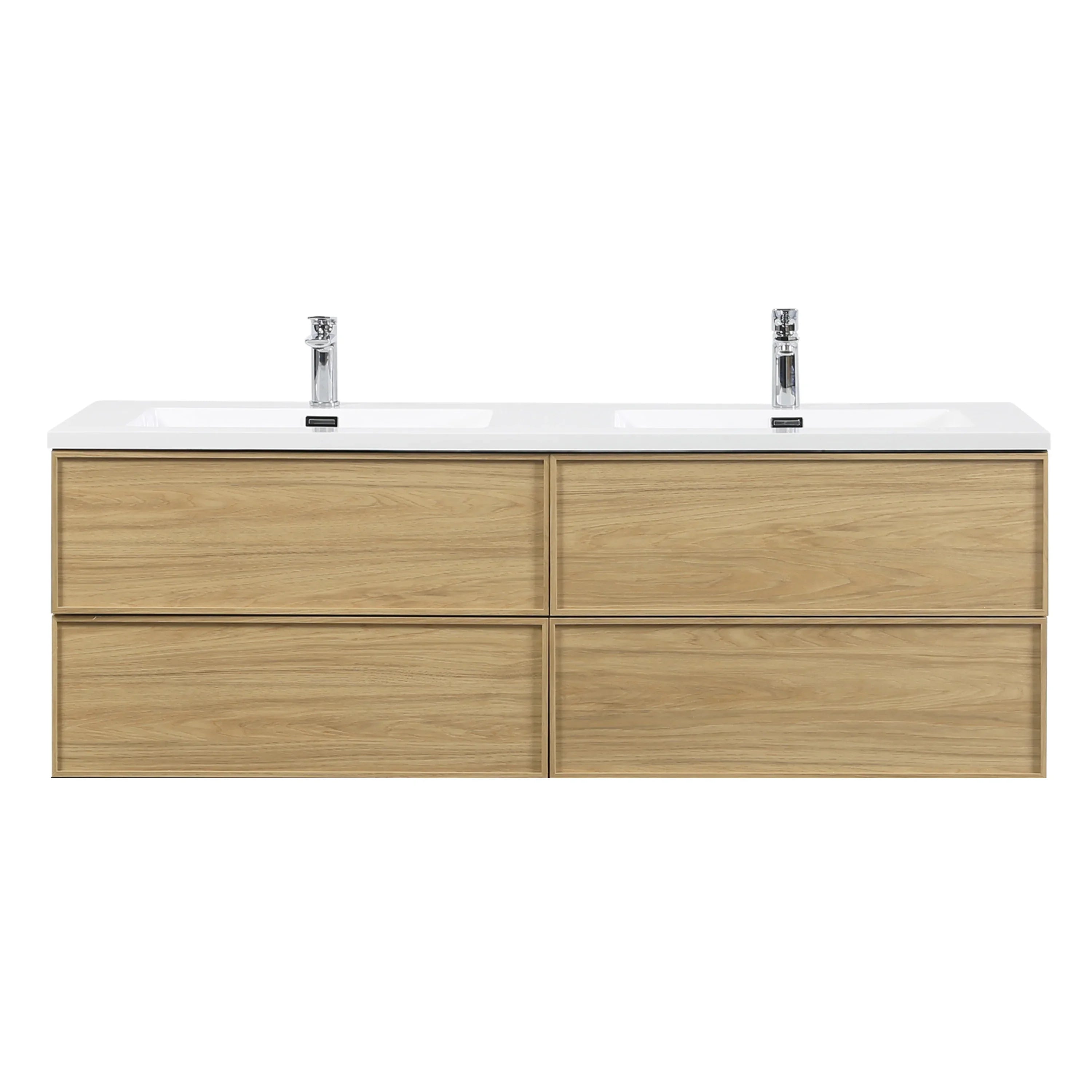 Meuble Lavabo Mural 60 pouces Noyer Couchant Double Vasque avec Comptoir Polymarbre Blanc