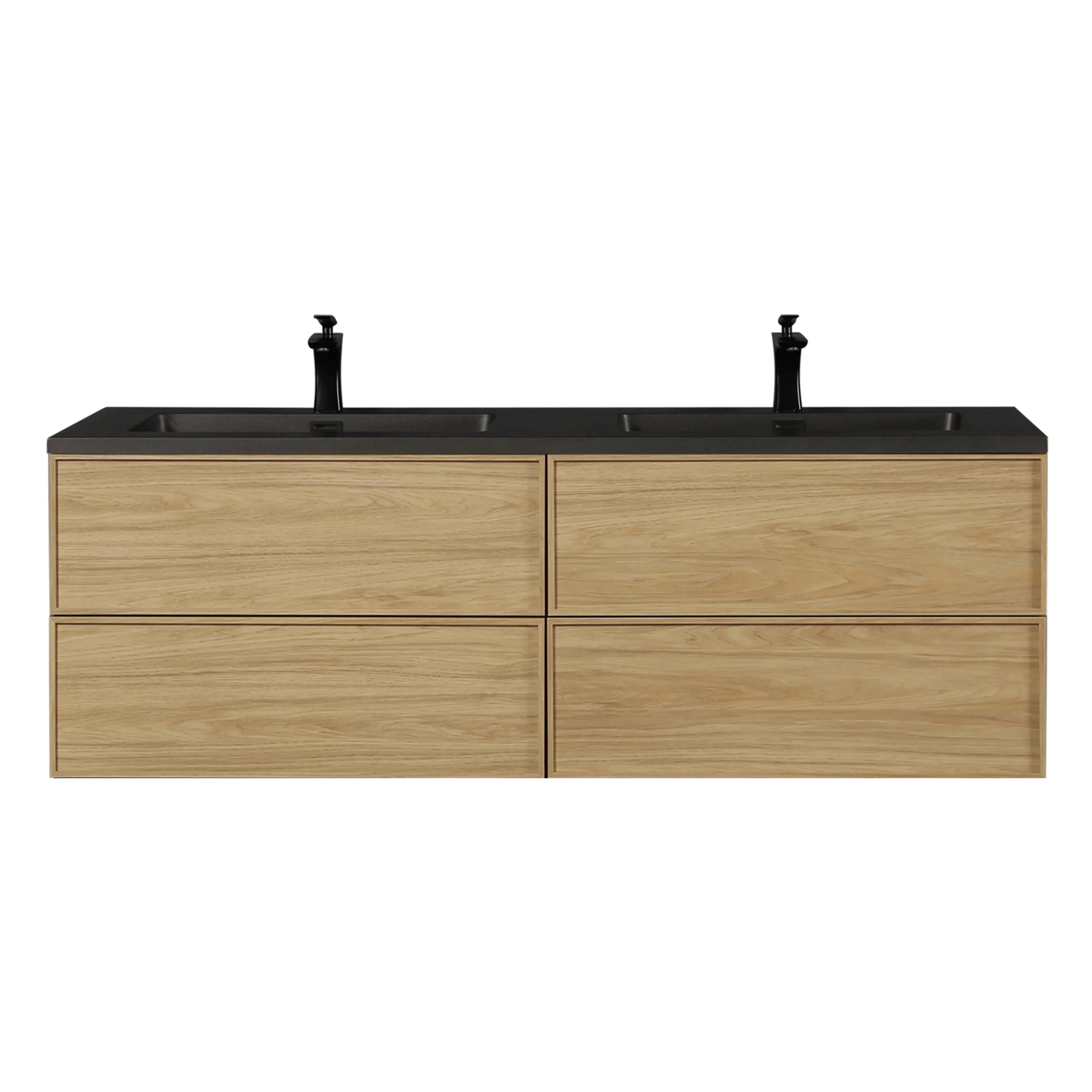 60" Sunset Walnut Wall Mount Double Sink Bathroom Vanity with Black Engineered Quartz Countertop
