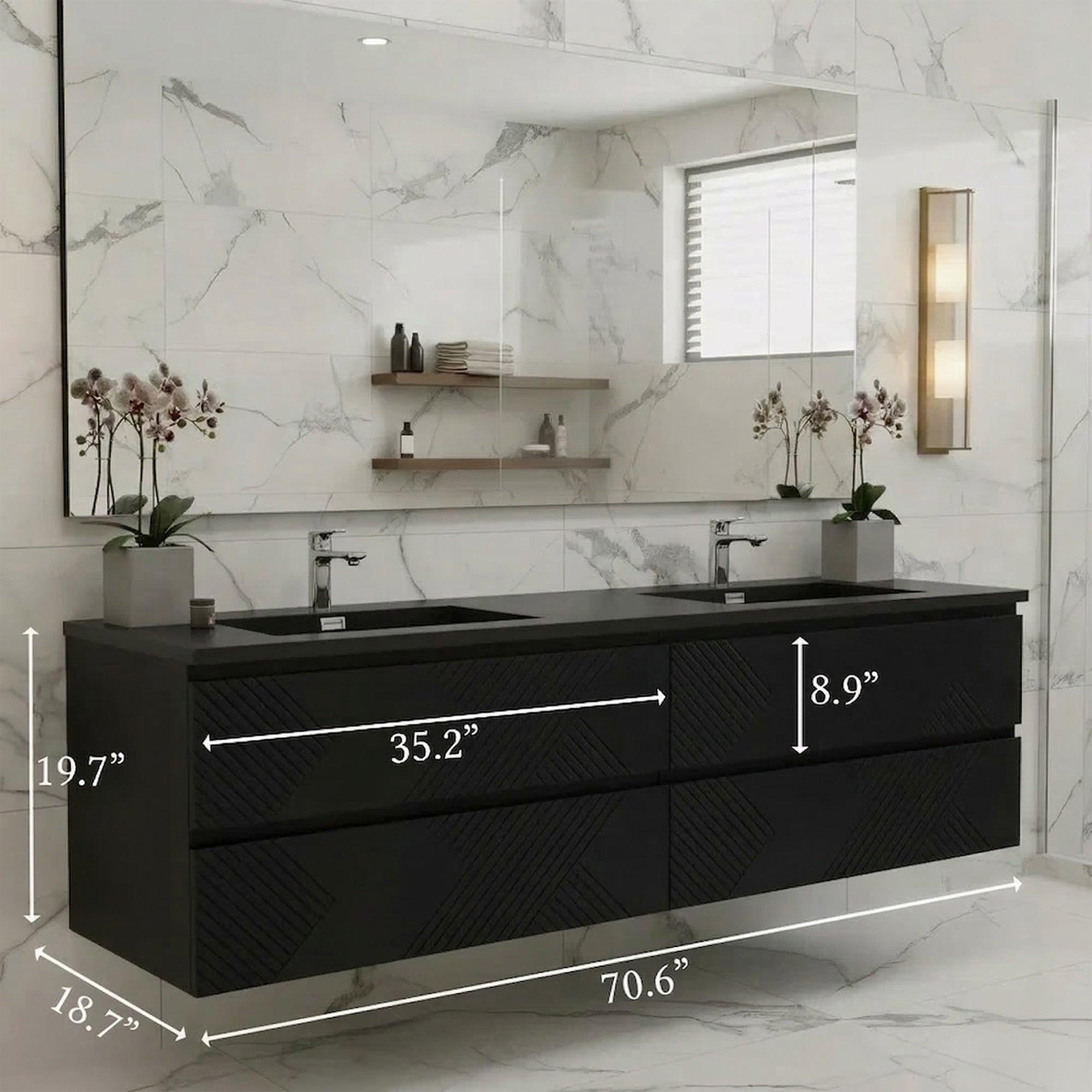 72" Black Wall Mount Double Sink Bathroom Vanity with Black Engineered Quartz Countertop