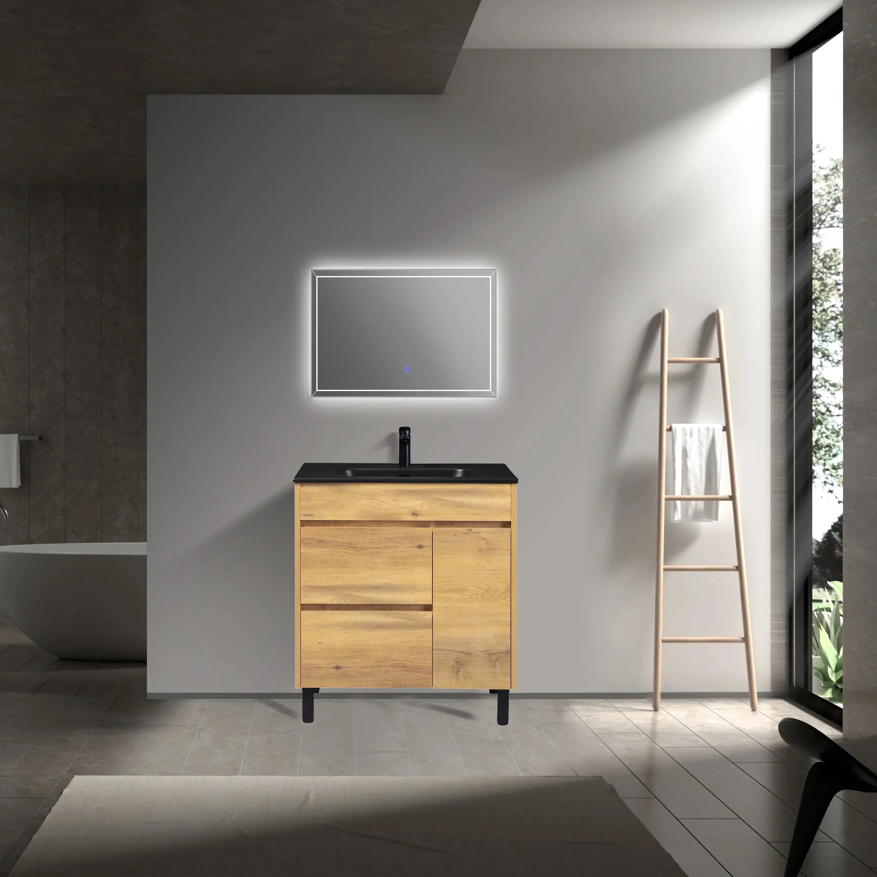 30" Frosted Oak Freestanding Single Sink Bathroom Vanity with Black Ceramic Countertop