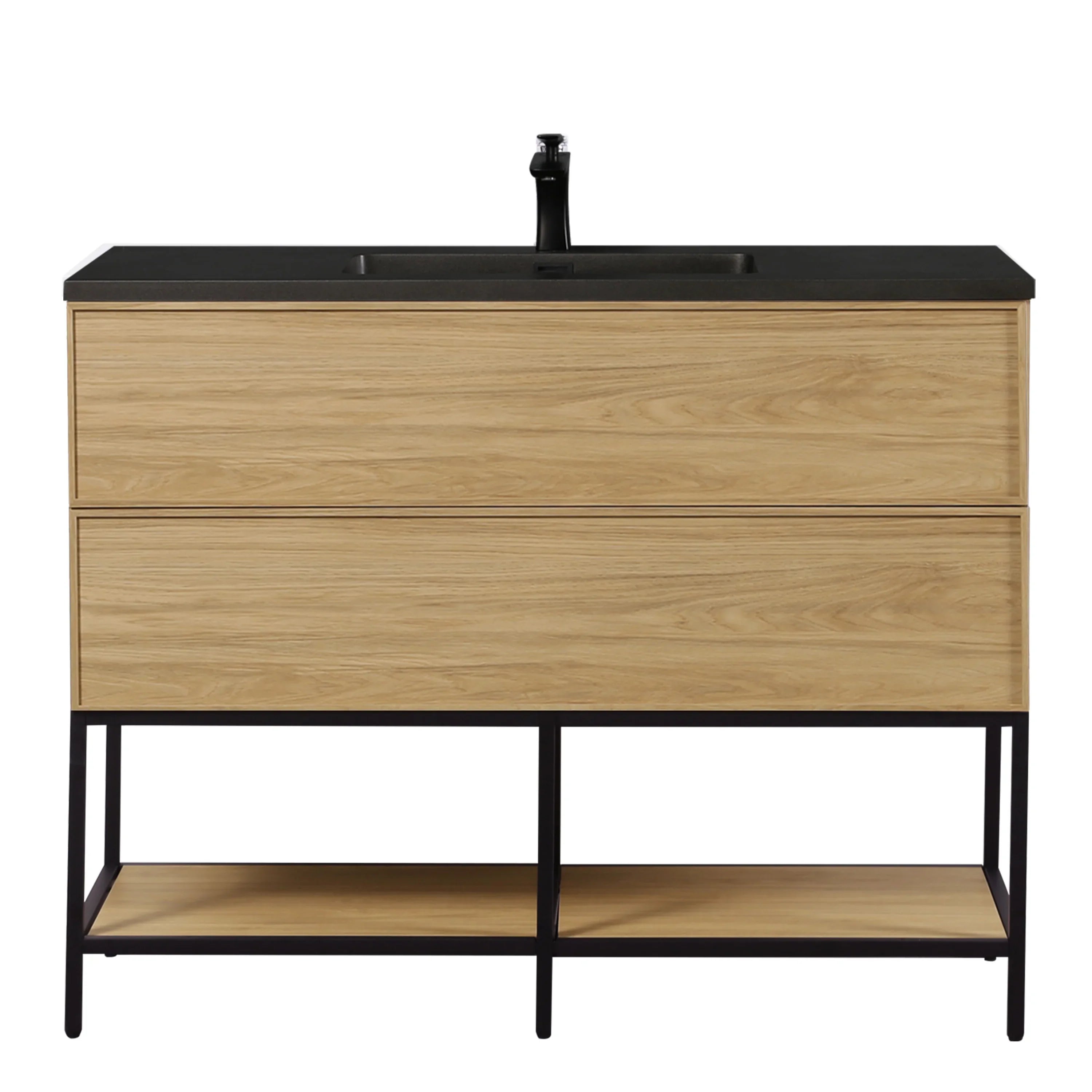 48" Sunset Walnut Wall Mount Bathroom Vanity with Black Engineered Quartz Countertop