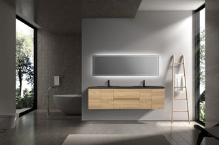 72" Rough Oak Wall Mount Double Sink Bathroom Vanity with Black Quartz Countertop - Golden Elite Deco