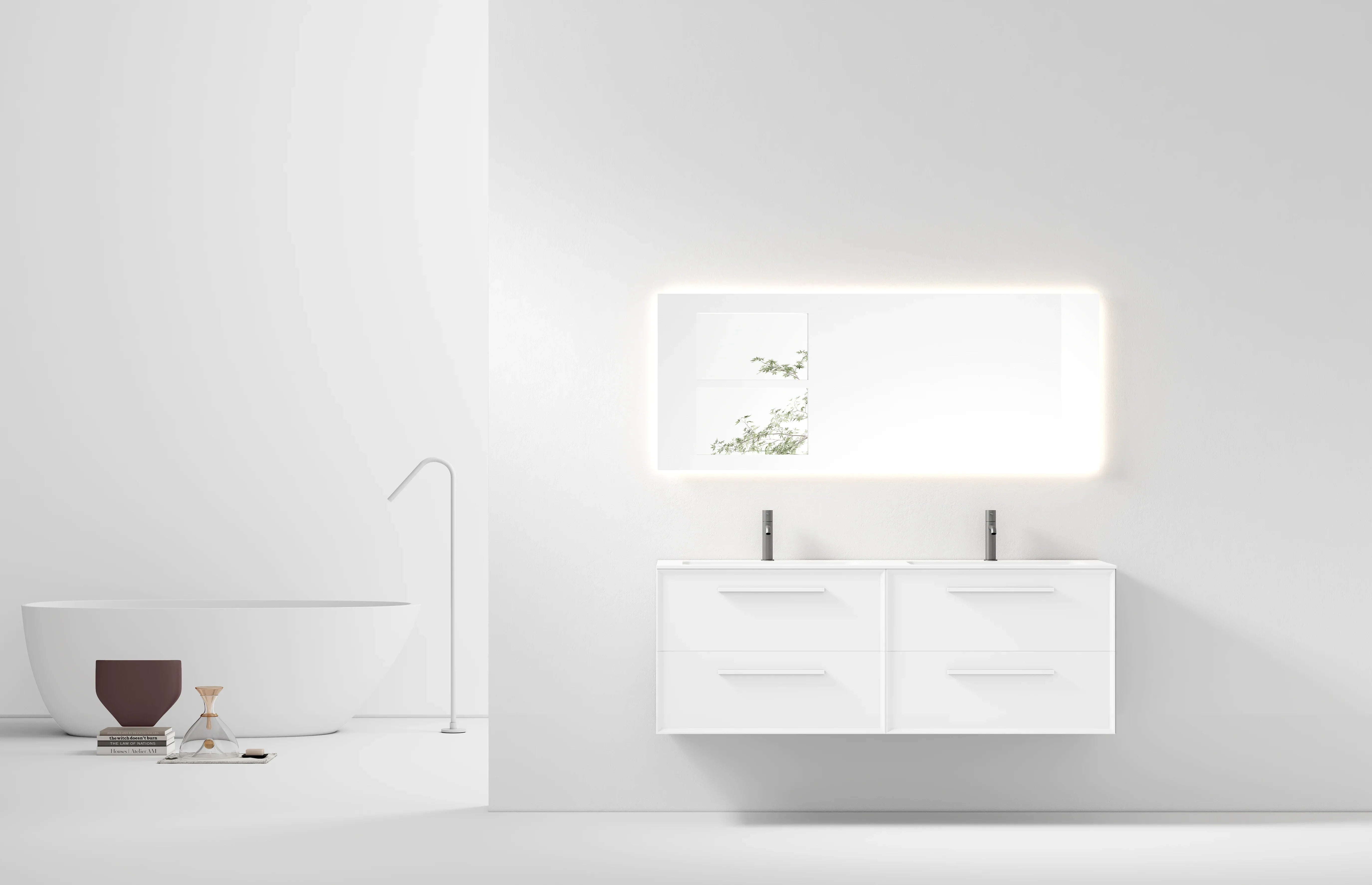 60" White Wall Mount Double Sink Bathroom Vanity with Matte White Solid Surface Countertop