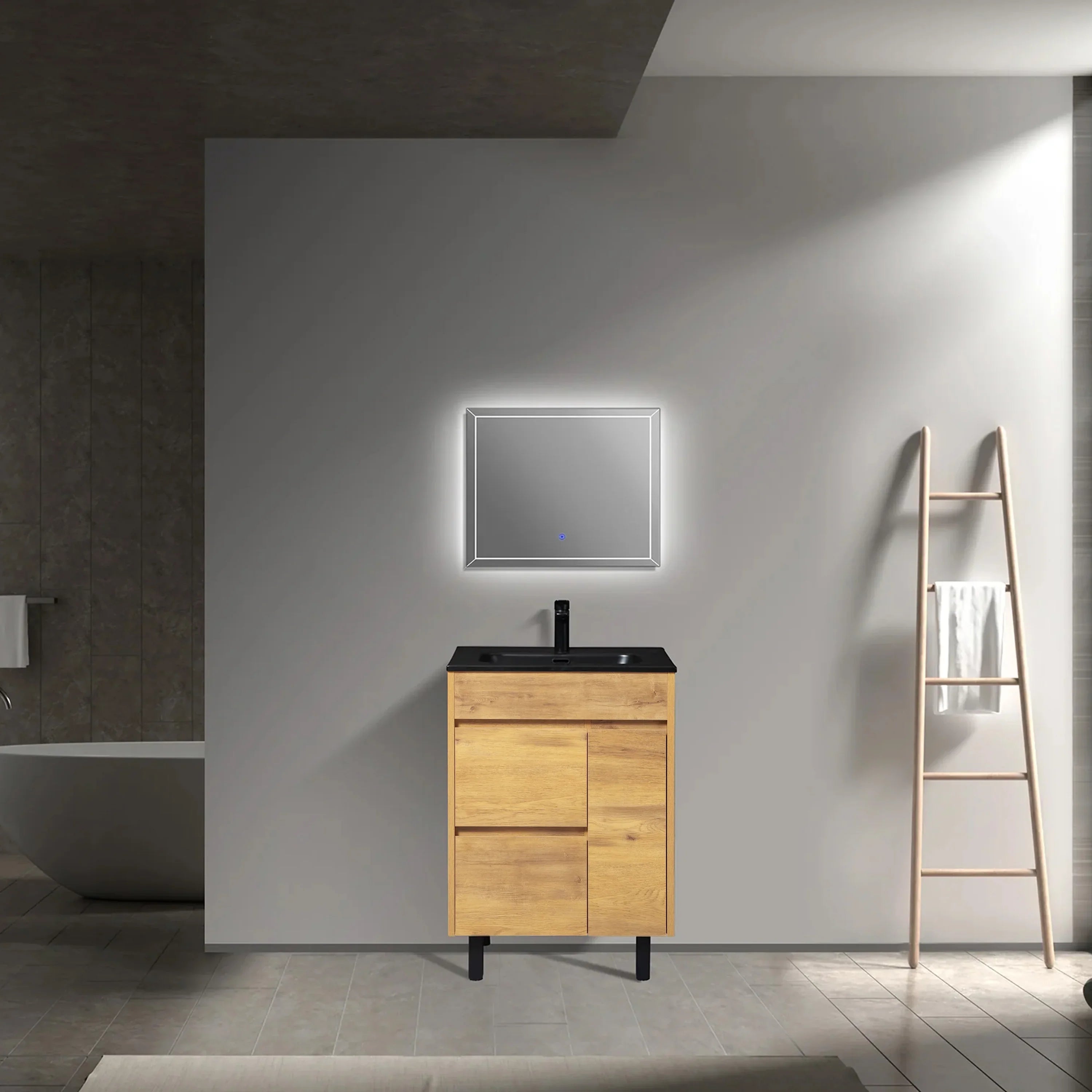 24" Frosted Oak Freestanding Single Sink Bathroom Vanity with Black Ceramic Countetop