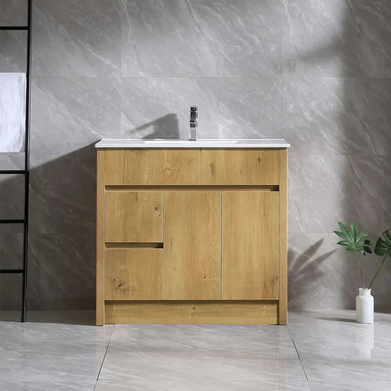 Meuble-Lavabo Autoportant 36 Chêne Givré avec Comptoir en Céramique
