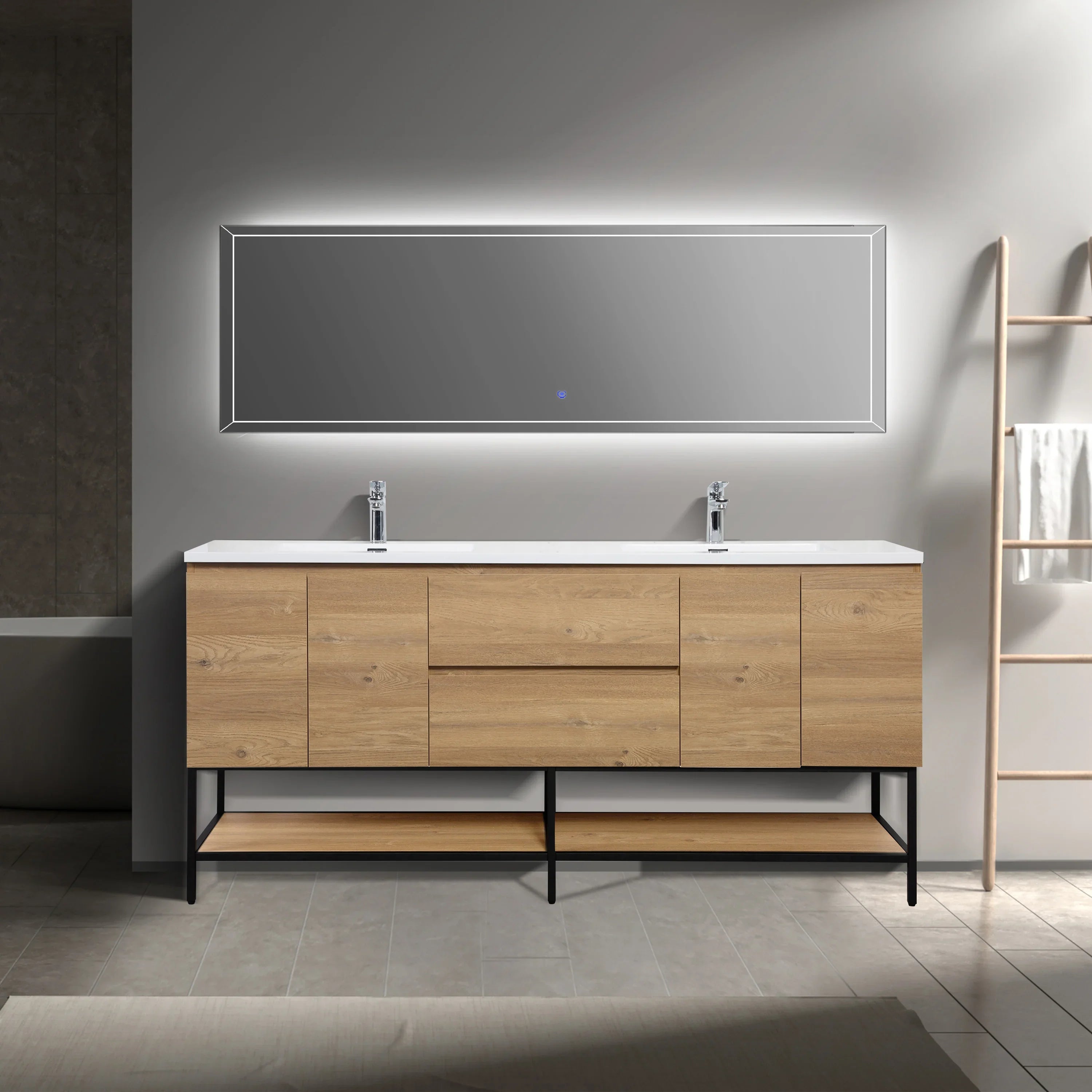 72" Rough Oak Wall Mount Double Sink Bathroom Vanity with White Polymarble Countertop