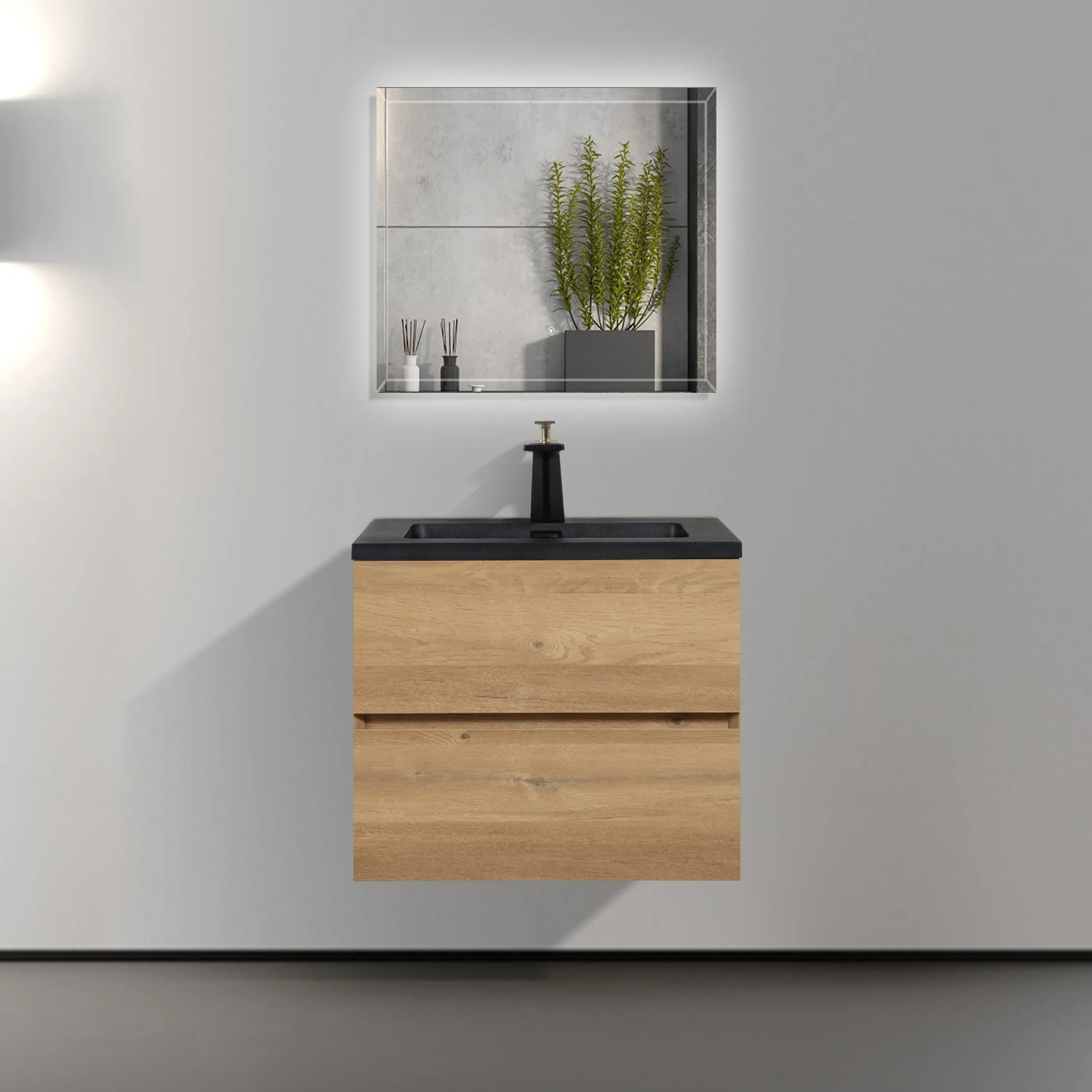 Meuble-Lavabo Mural 24po Chêne Brut avec Comptoir de Quartz d'ingénierie Noir