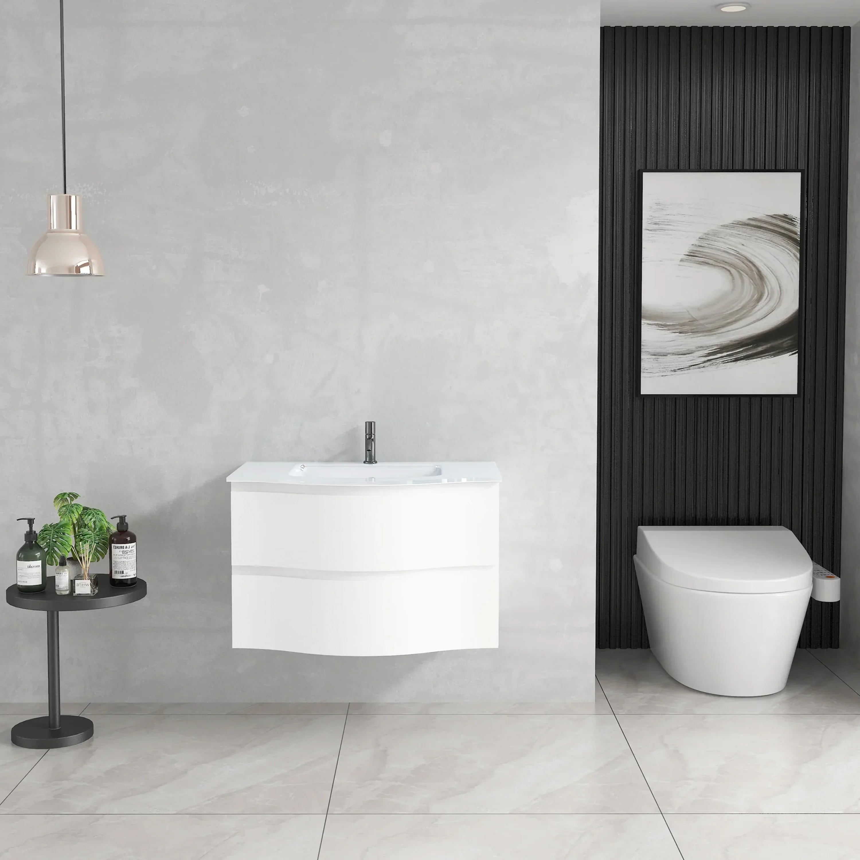 30" Matte White Wall Mount Single Sink Bathroom Vanity with White Glass Countertop