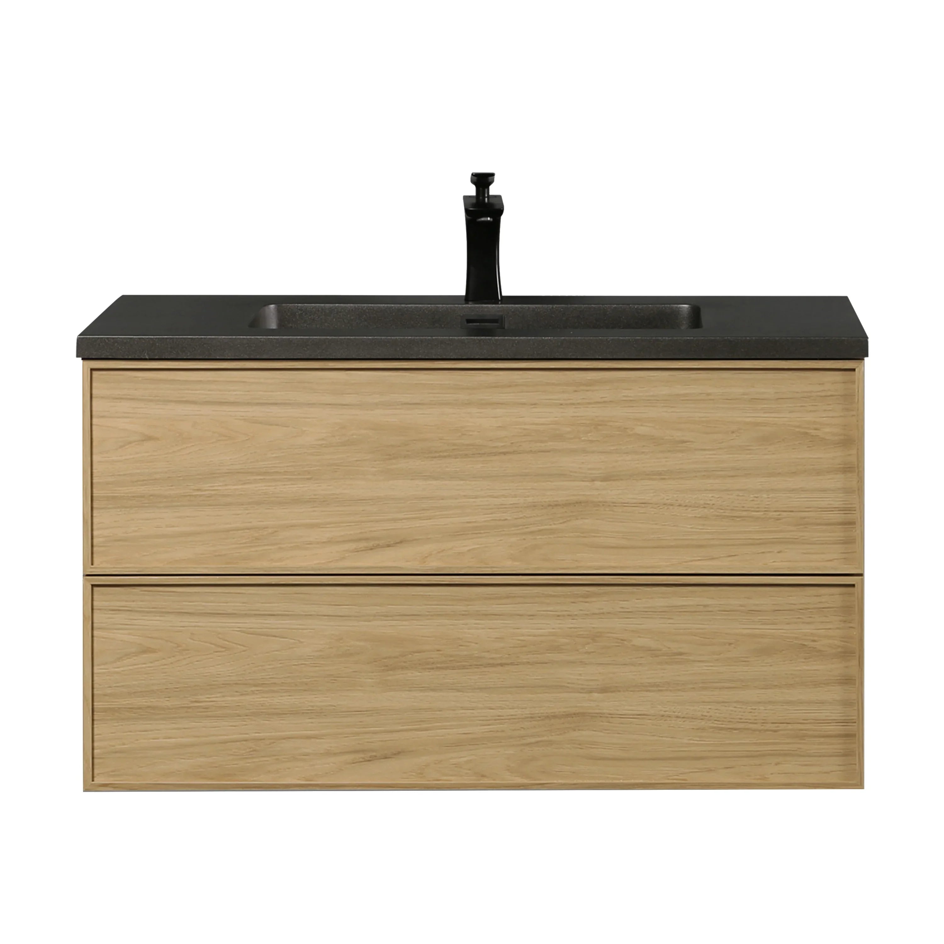 Meuble Lavabo Mural 36 pouces Noyer Couchant avec Comptoir Quartz Noir - Collection Luxe