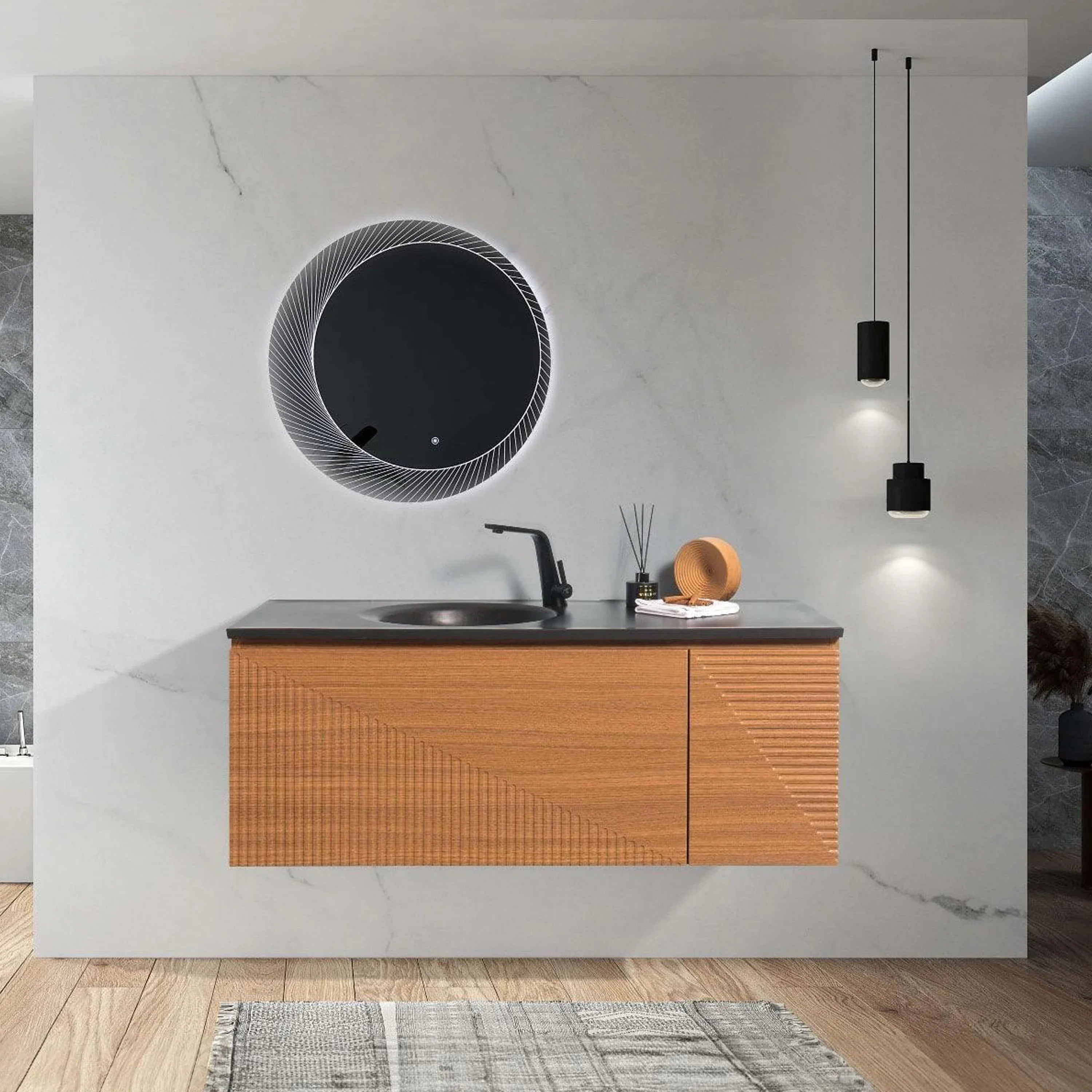 Meuble-Lavabo Mural 48po Chêne Clair avec Comptoir de Quartz d'ingénierie Noir