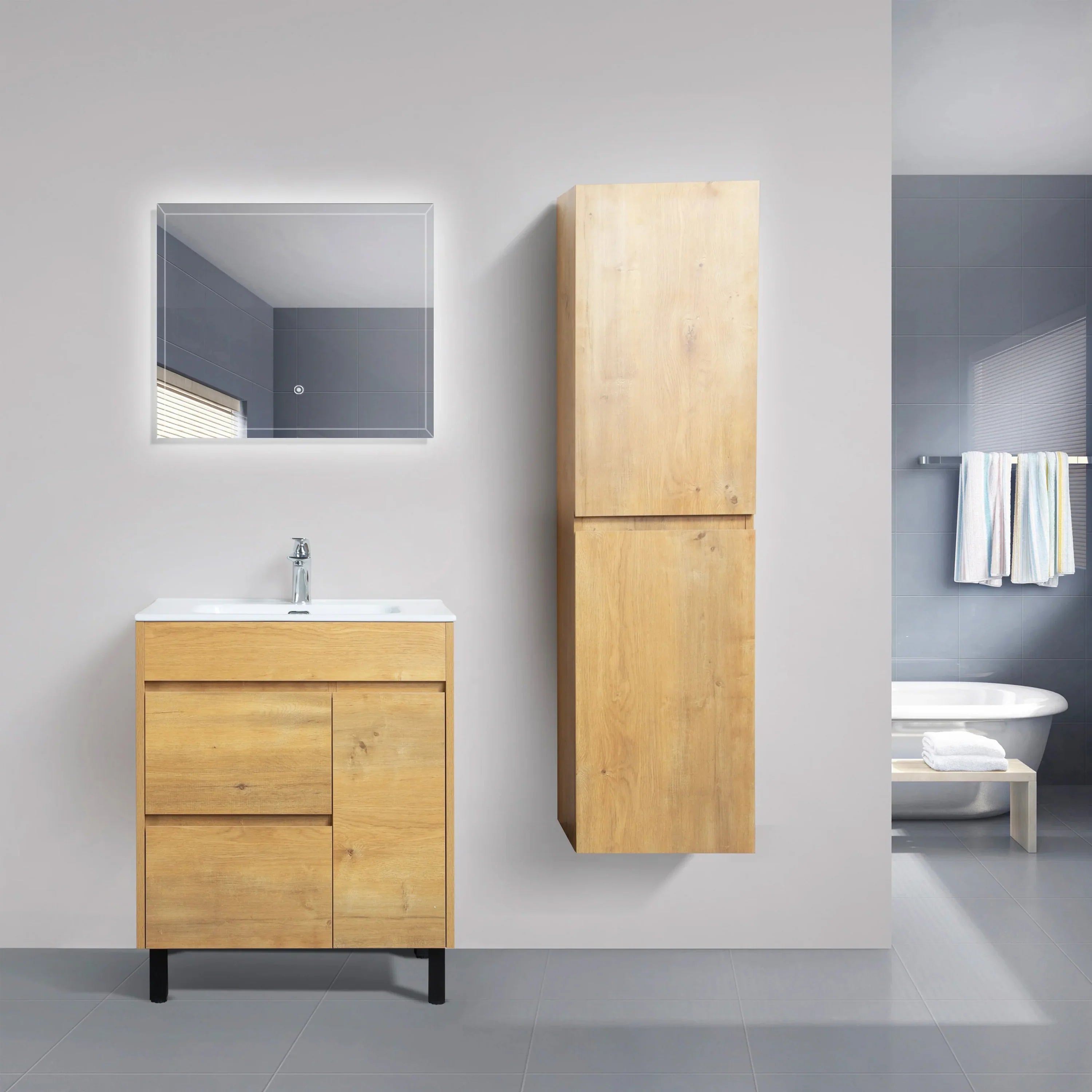 30" Frosted Oak Freestanding Bathroom Vanity with White Ceramic Countertop