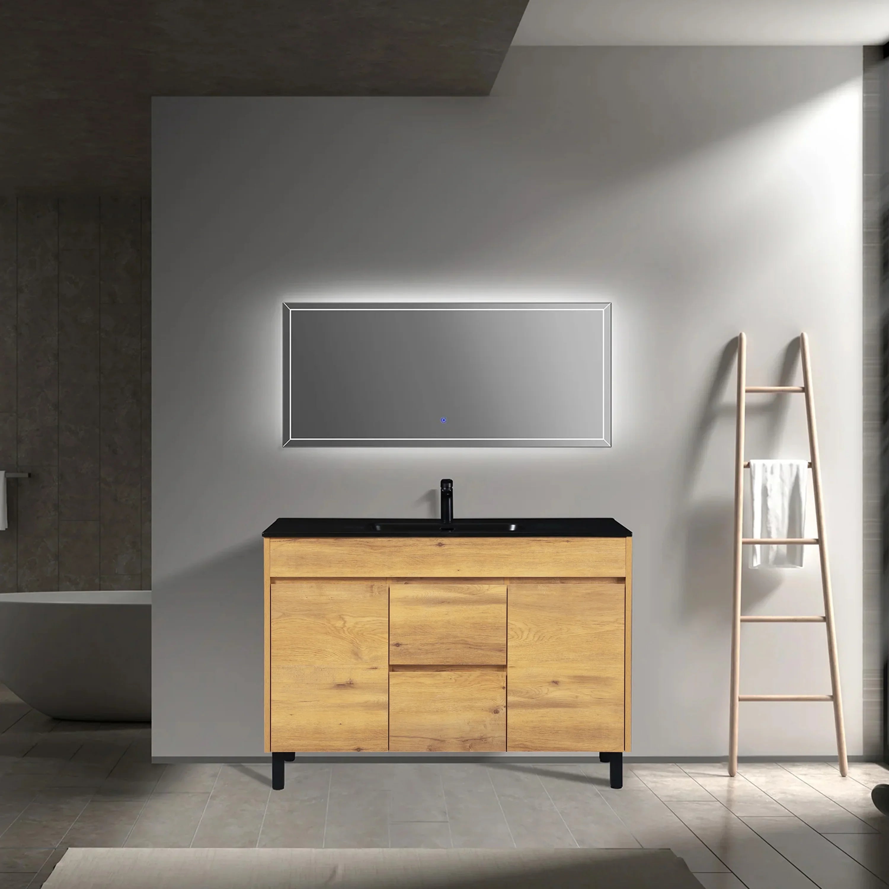 48" Frosted Oak Freestanding Single Sink Bathroom Vanity with Black Ceramic Countetop