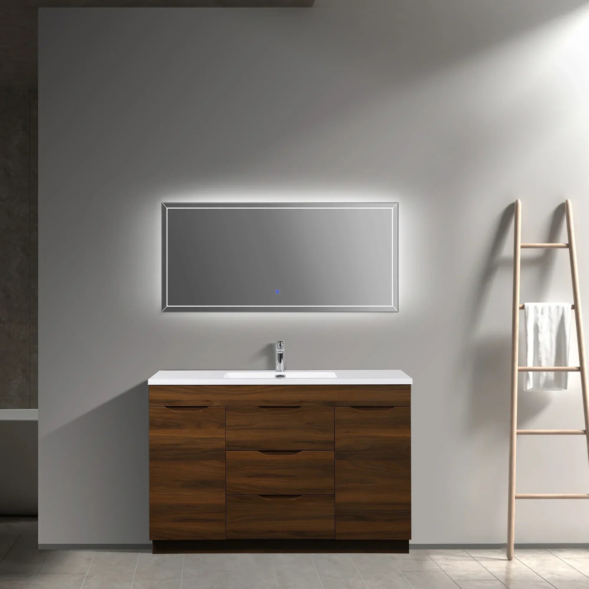 48" Walnut Freestanding Bathroom Vanity with White Polymarble Countertop