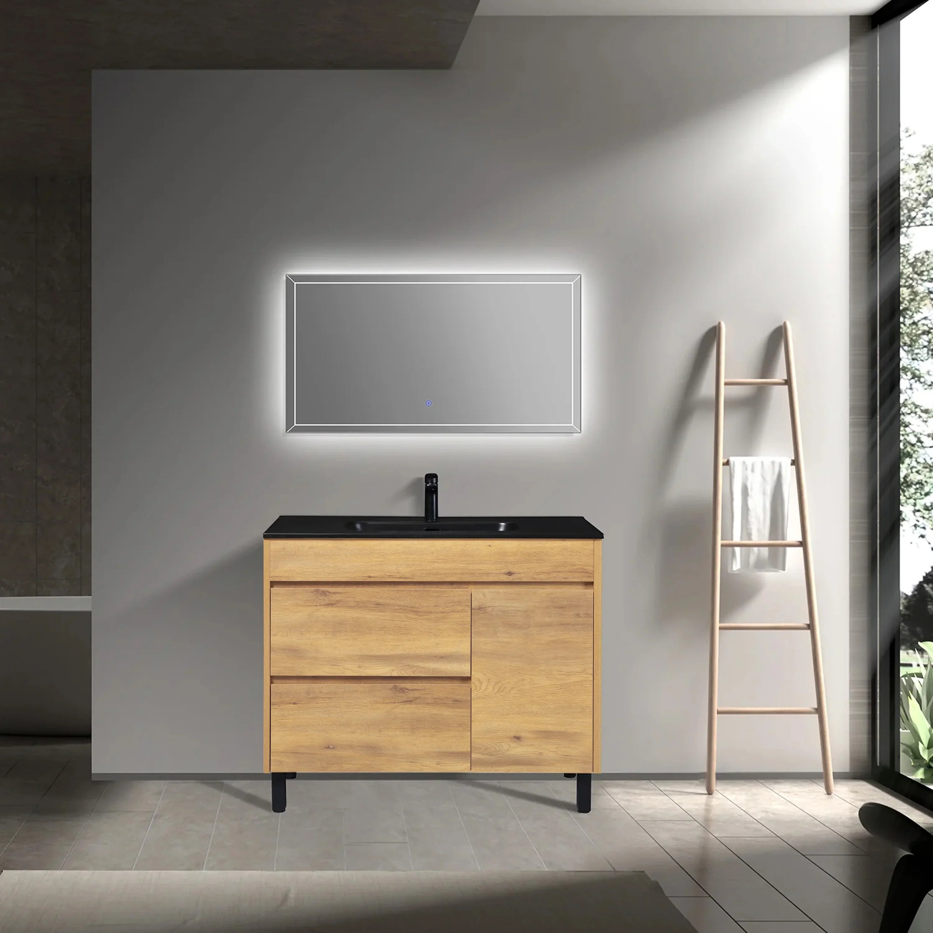 40" Frosted Oak Freestanding Single Sink Bathroom Vanity with Black Ceramic Countetop