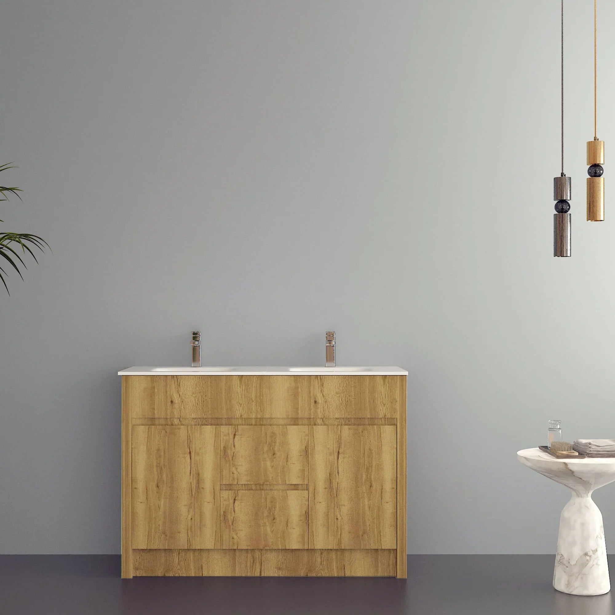 48" Frosted Oak Freestanding Double Sink Bathroom Vanity with White Ceramic Countertop