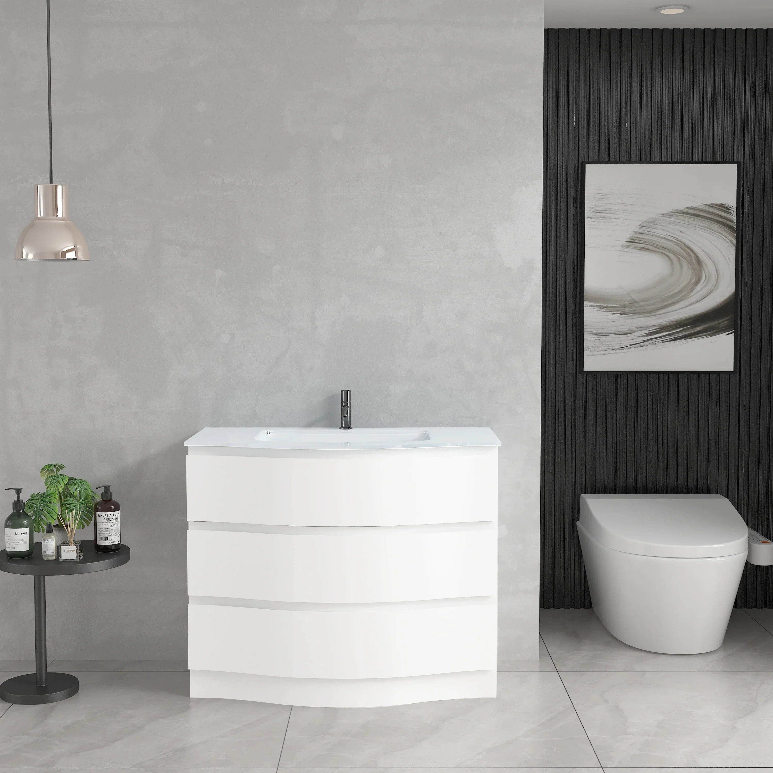 Meuble-Lavabo Autoportant 40po Blanc Mat avec Comptoir de Verre Blanc