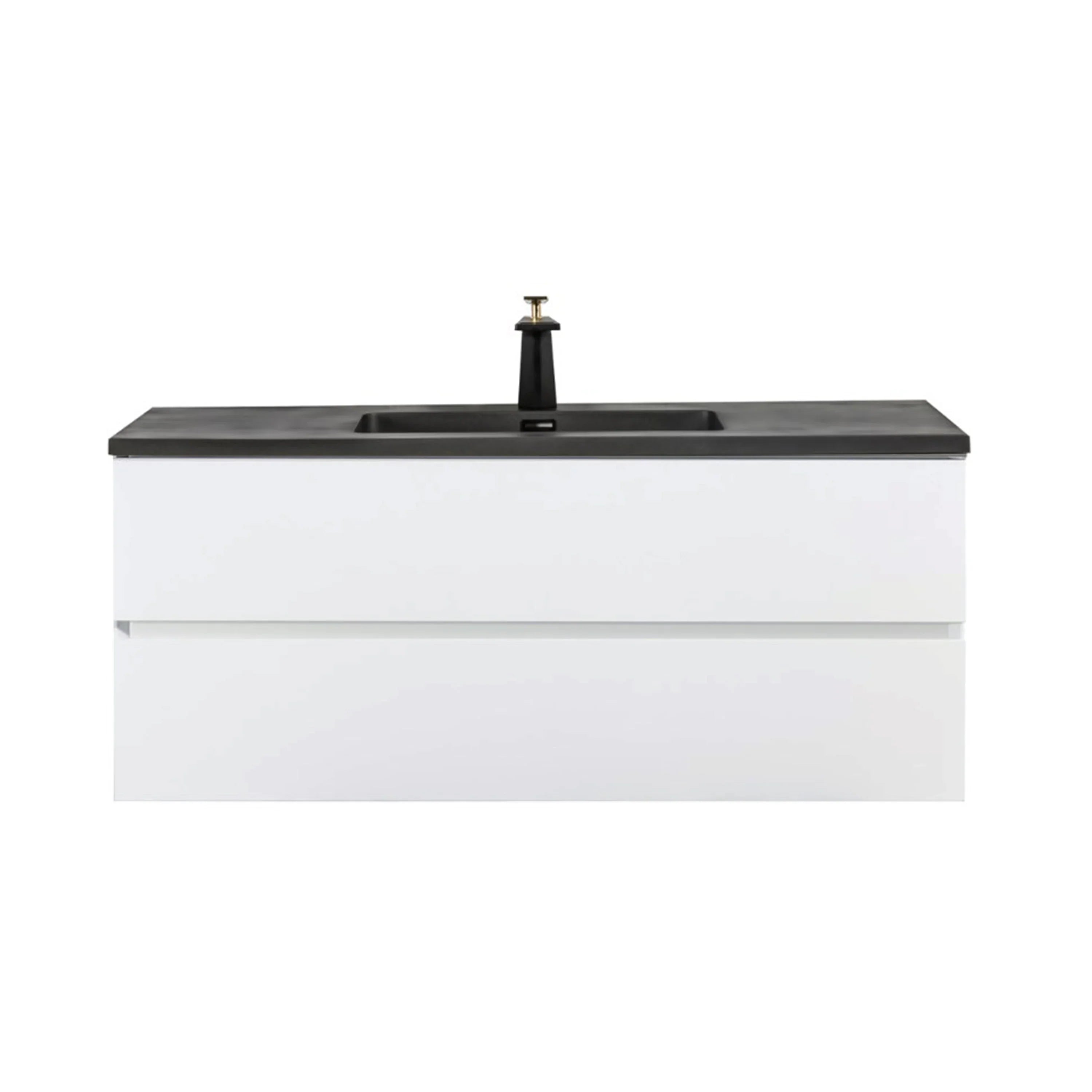 48" White Wall Mount Single Sink Bathroom Vanity with Black Engineered Quartz Countertop