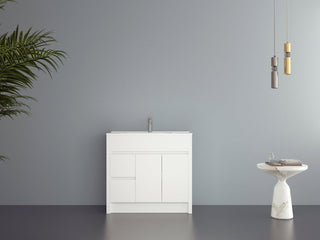 36" Matte White Freestanding Single Sink Bathroom Vanity with White Ceramic Countertop
