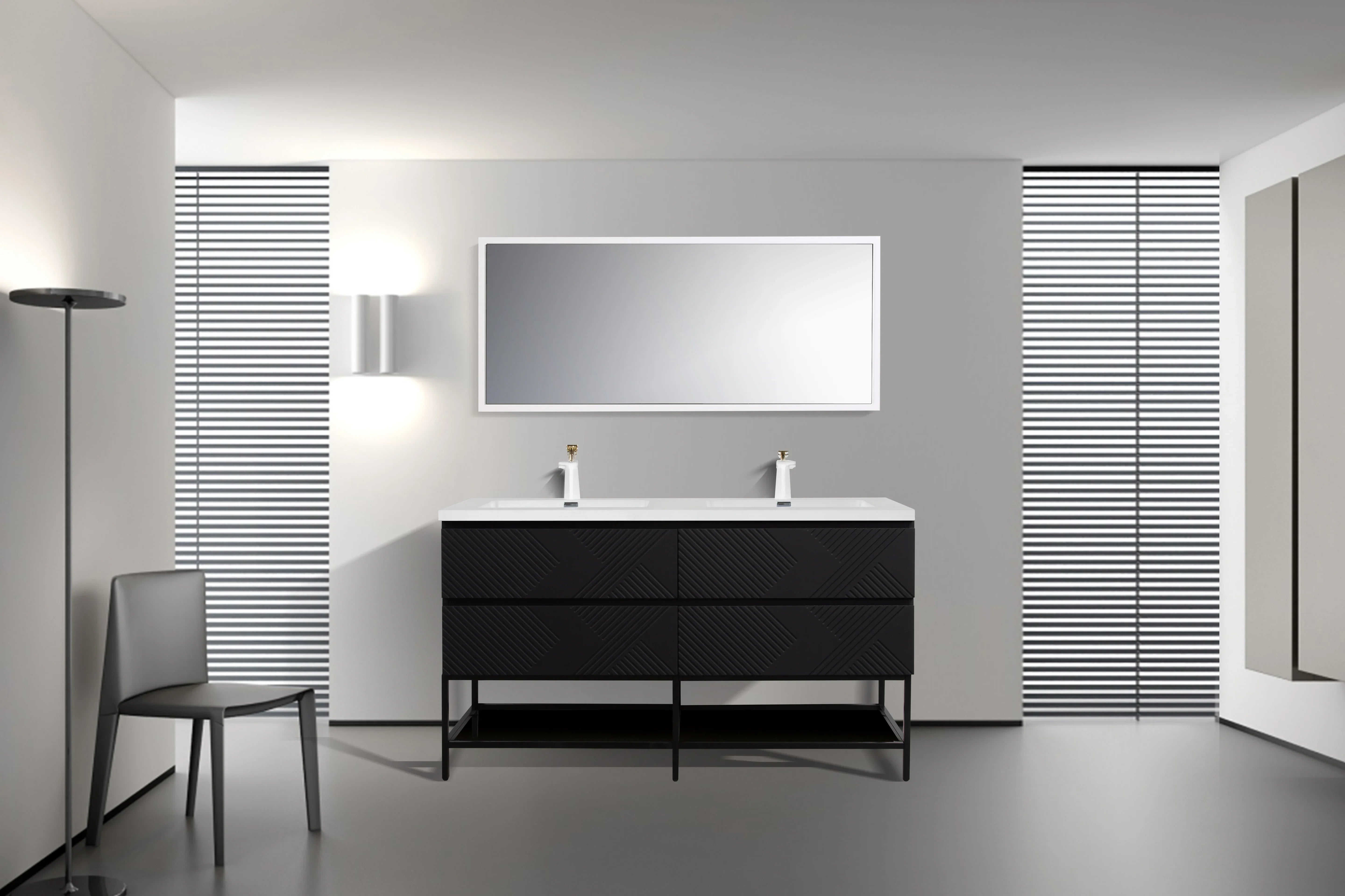 Meuble-lavabo mural noir 60" avec Comptoir en polymarbre blanc