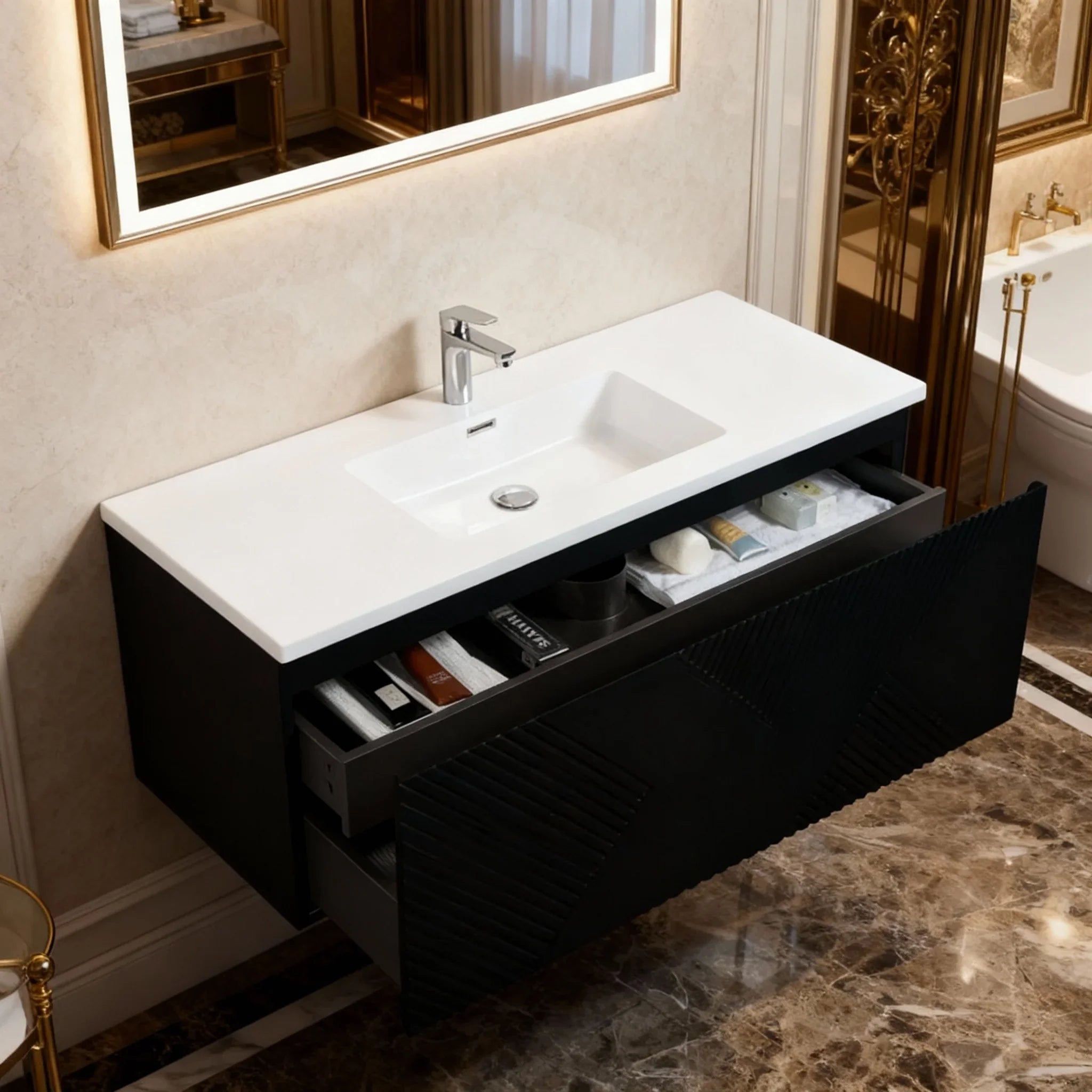 48" Black Wall Mount Bathroom Vanity with White Polymarble Countertop