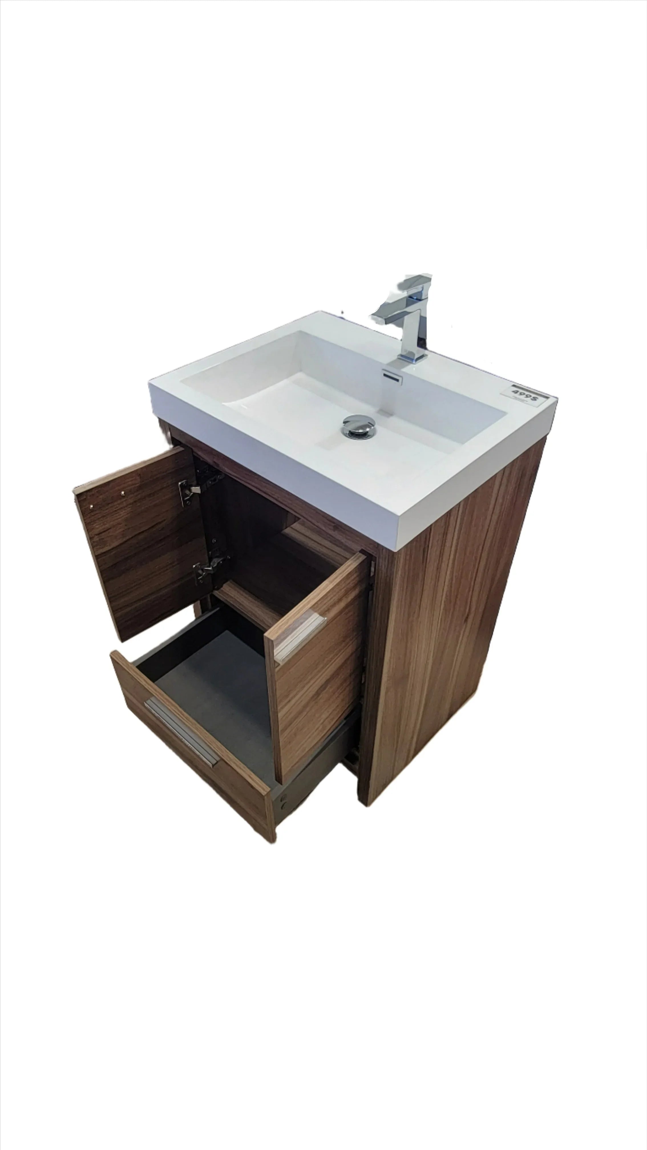 24" Walnut Freestanding Bathroom Vanity with White Polymarble Countertop