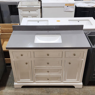 48" White Freestanding Single Sink Bathroom Vanity w/ Calypso Grey Quartz Countertop - SAMPLE SALE