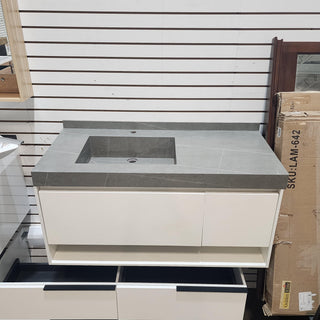 48" Matte White Wall Mount Bathroom Vanity with Grey Sintered Stone Countertop Orillia - SAMPLE SALE