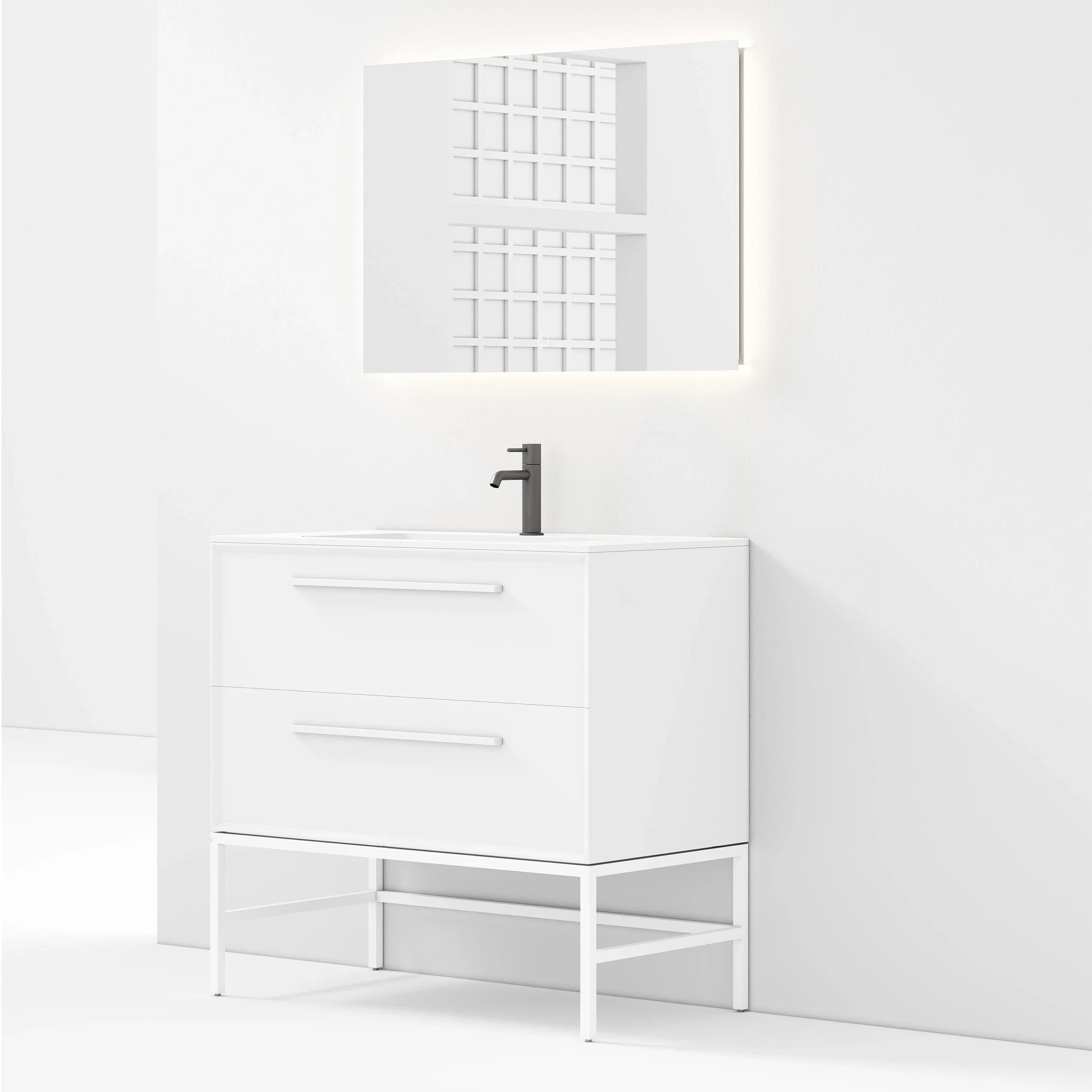 36" White Vanity w/Matte White Solid Surface countertop Snow White Collection - Combo - Golden Elite Deco