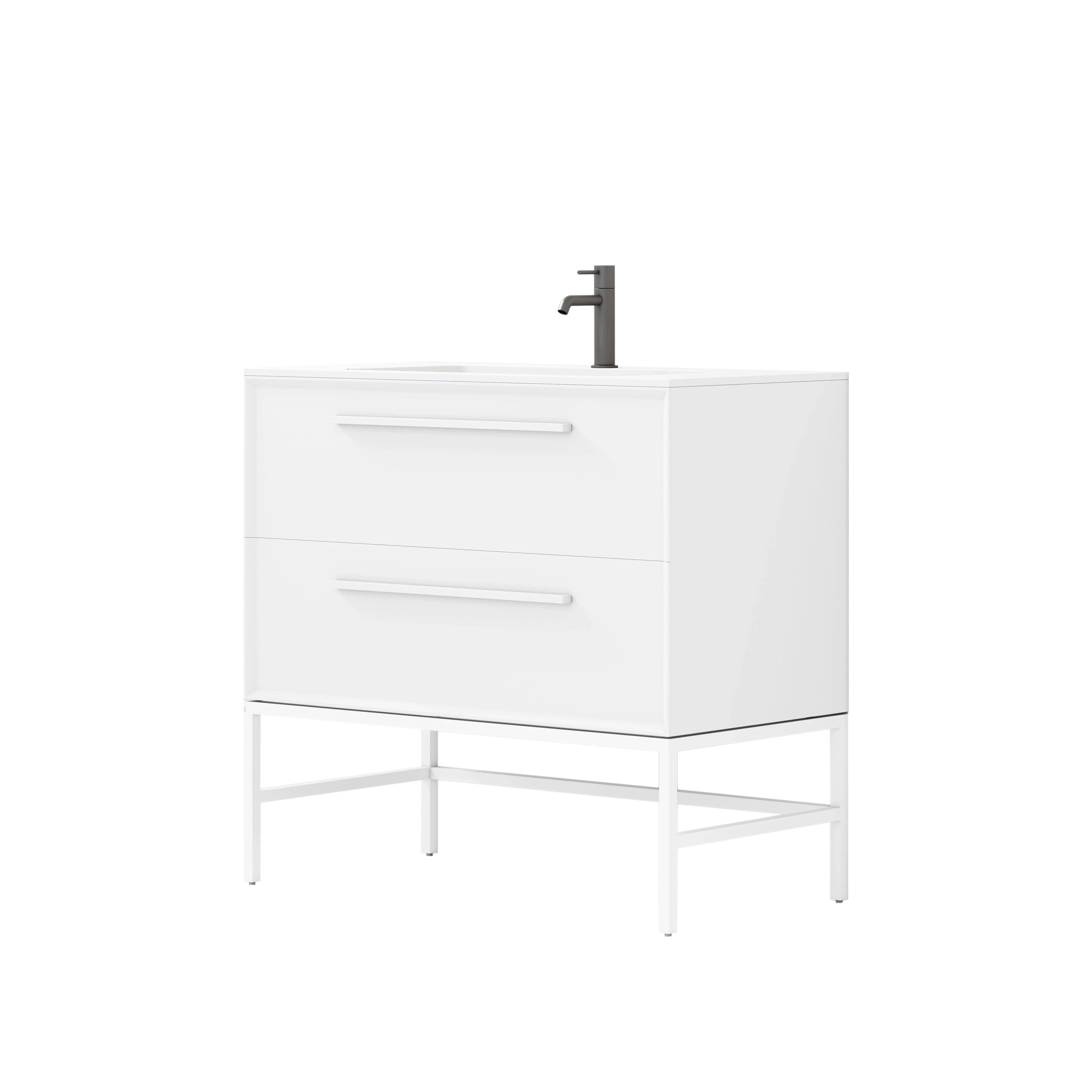 36" White Vanity w/Matte White Solid Surface countertop Snow White Collection - Combo - Golden Elite Deco
