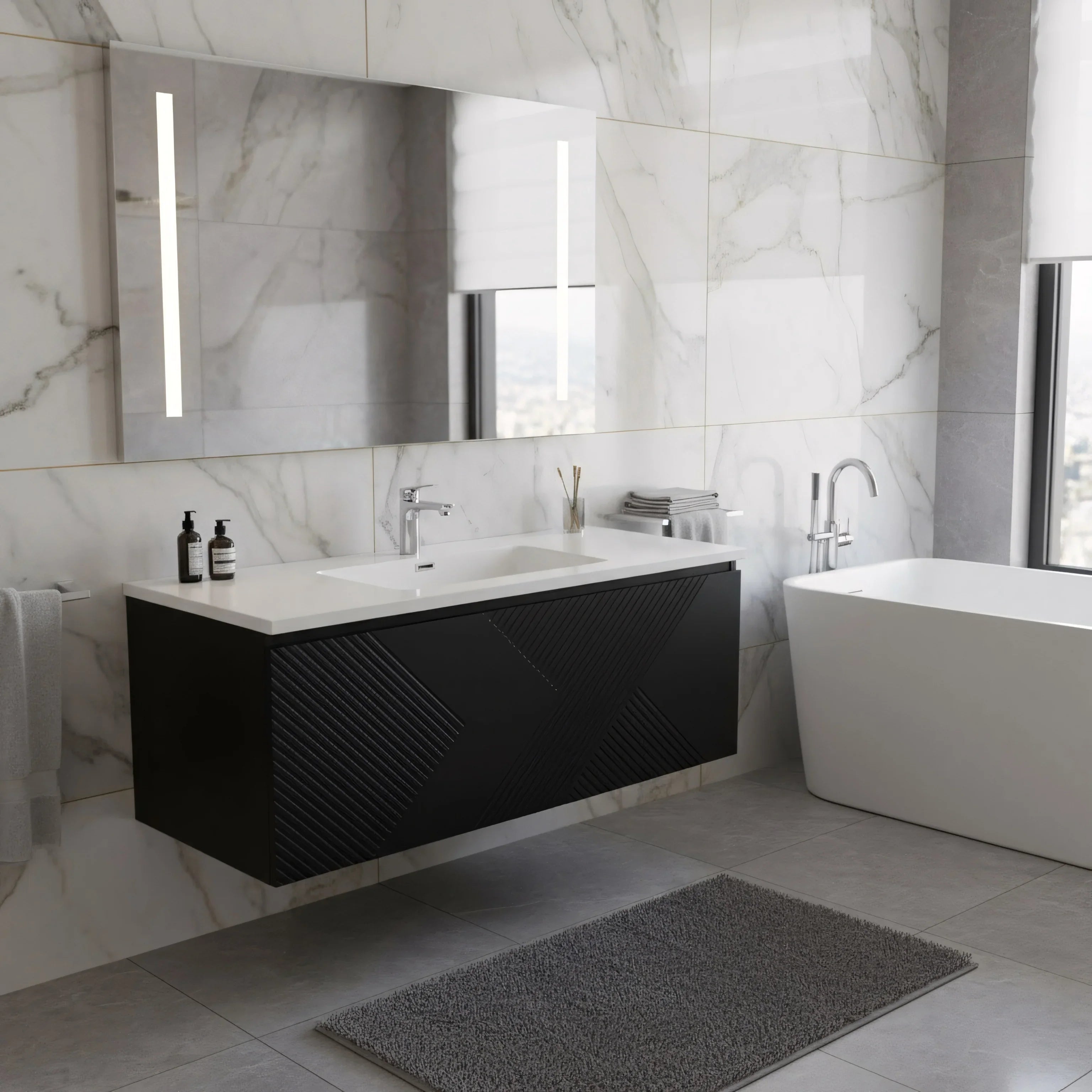 48" Black Wall Mount Bathroom Vanity with White Polymarble Countertop