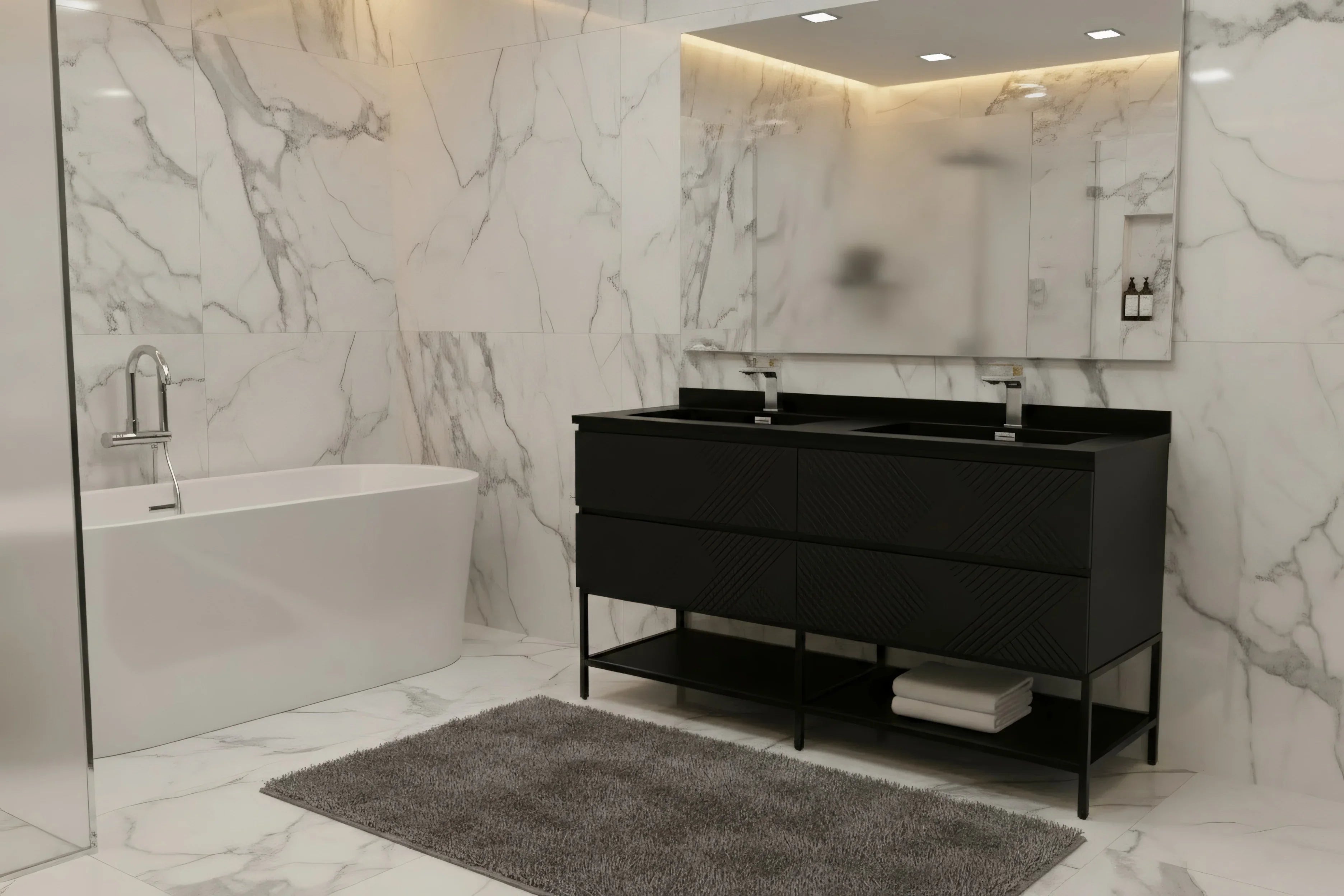 Meuble-lavabo mural noir 60" avec Comptoir en quartz technique noir