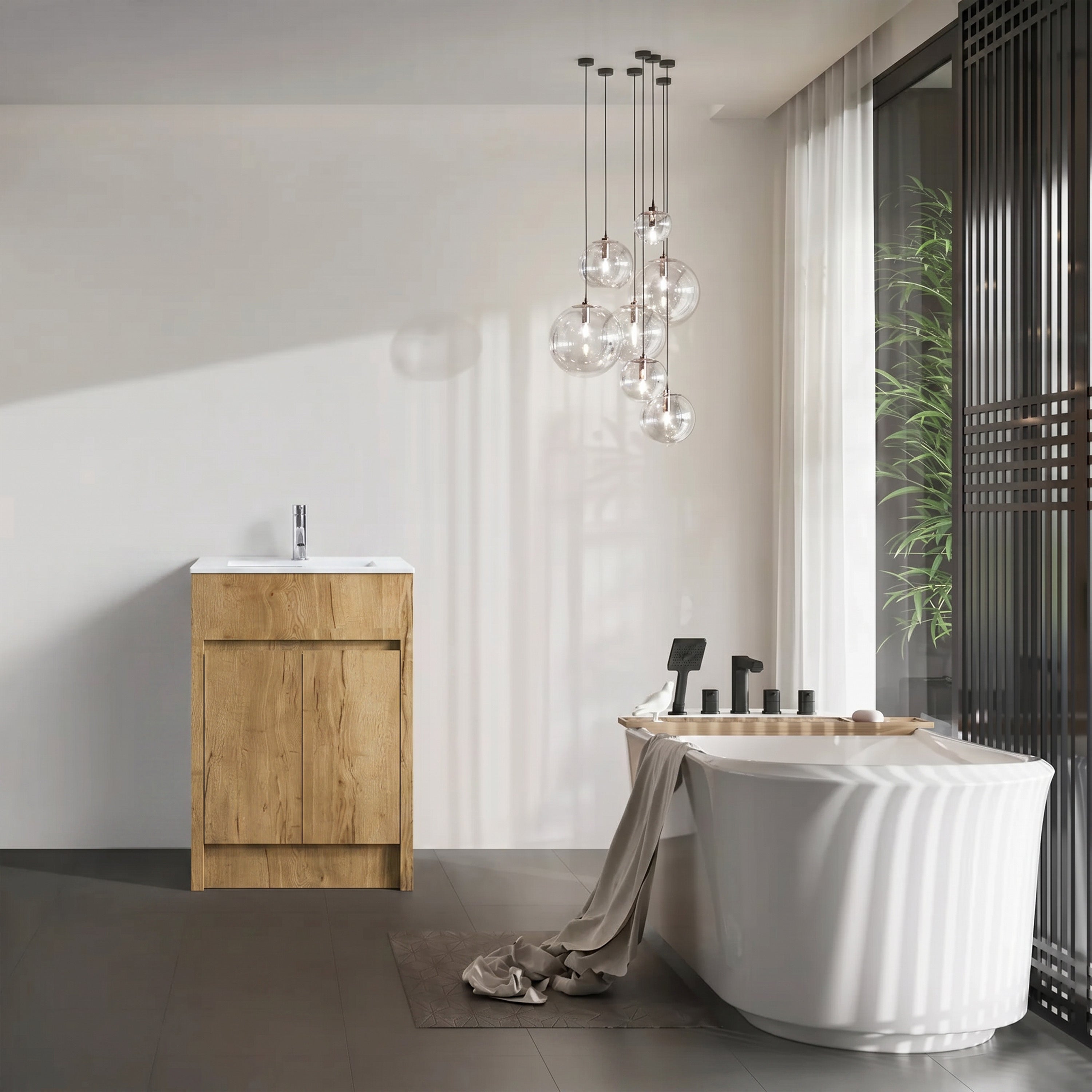 Meuble-lavabo autoportant 24po en chêne givré avec comptoir en céramique blanche