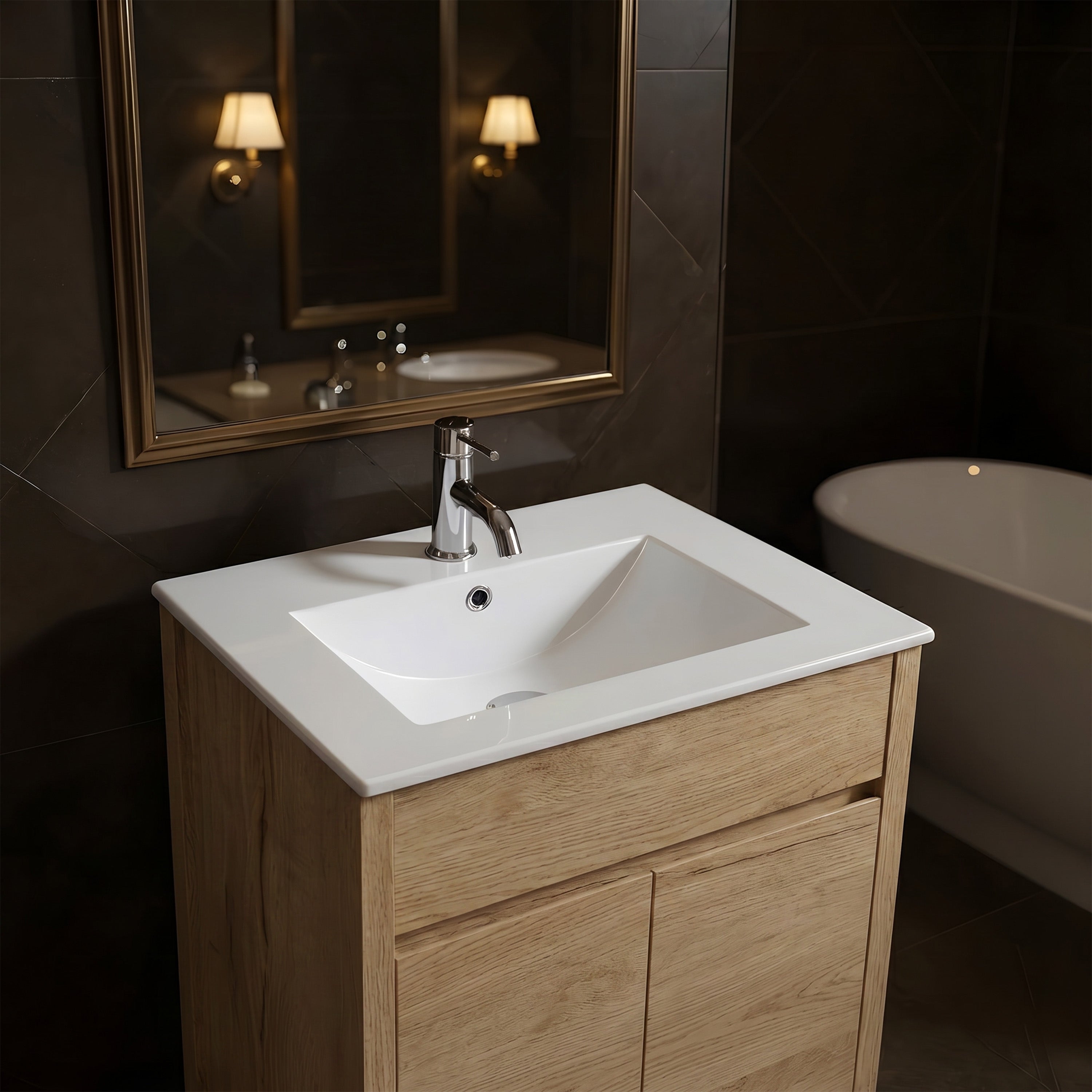 Meuble-lavabo autoportant 24po en chêne givré avec comptoir en céramique blanche