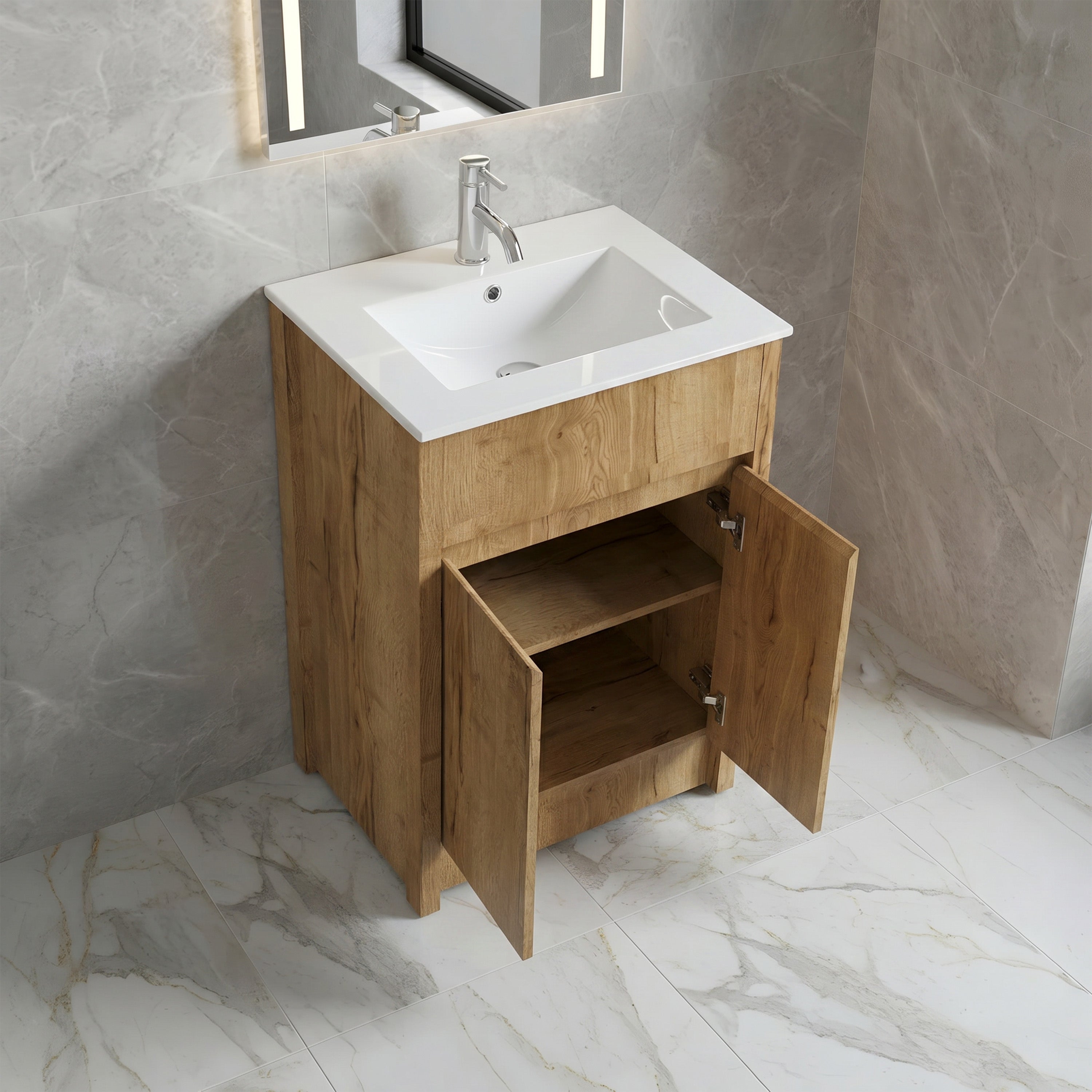 Meuble-lavabo autoportant 24po en chêne givré avec comptoir en céramique blanche