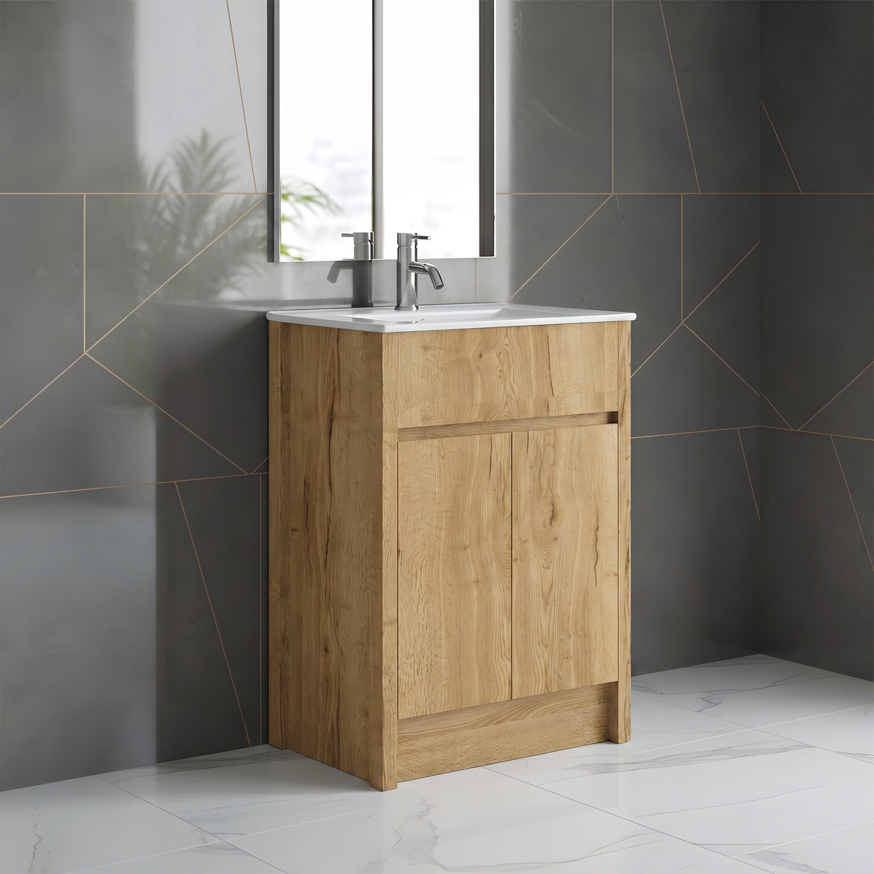 Meuble-lavabo autoportant 24po en chêne givré avec comptoir en céramique blanche