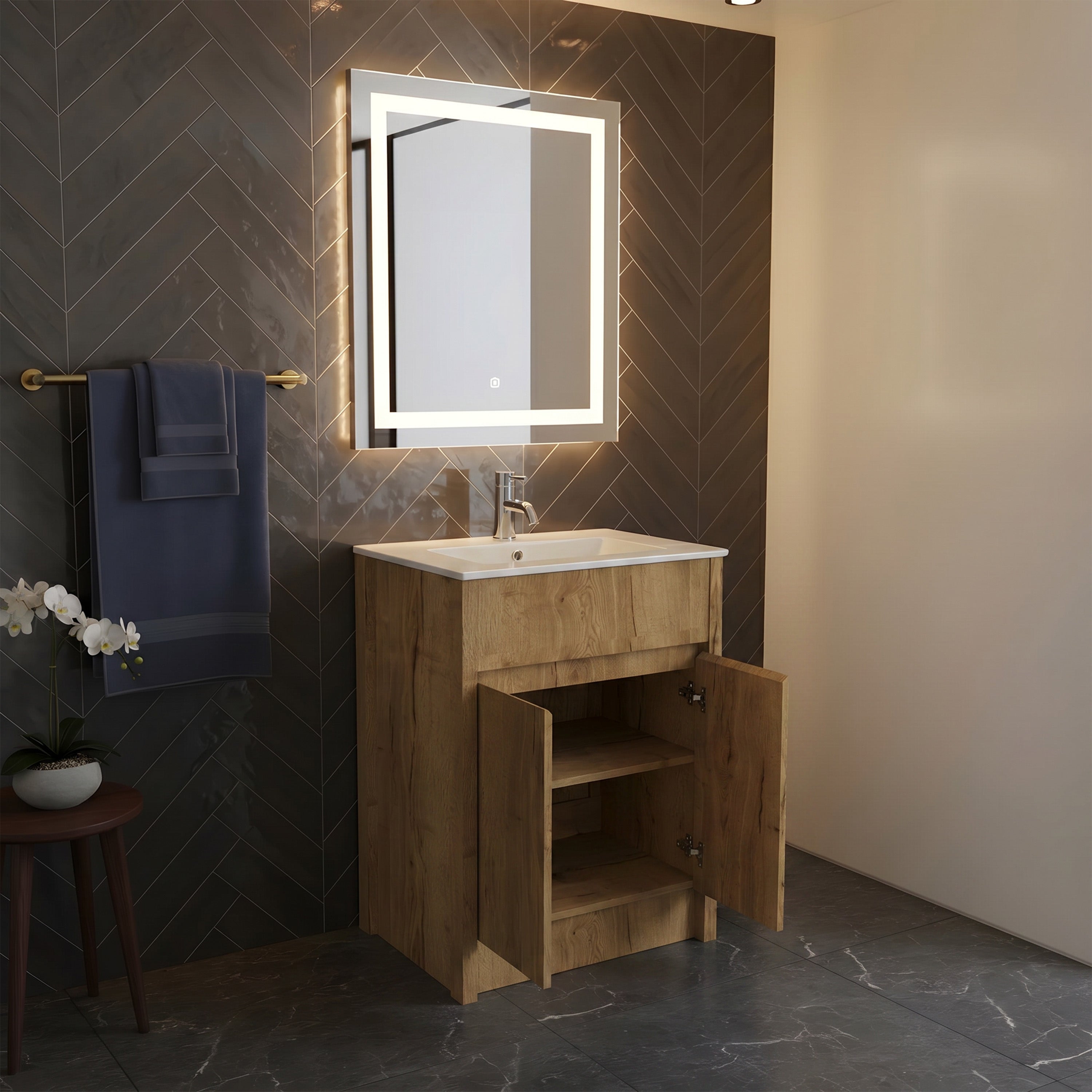 Meuble-lavabo autoportant 24po en chêne givré avec comptoir en céramique blanche
