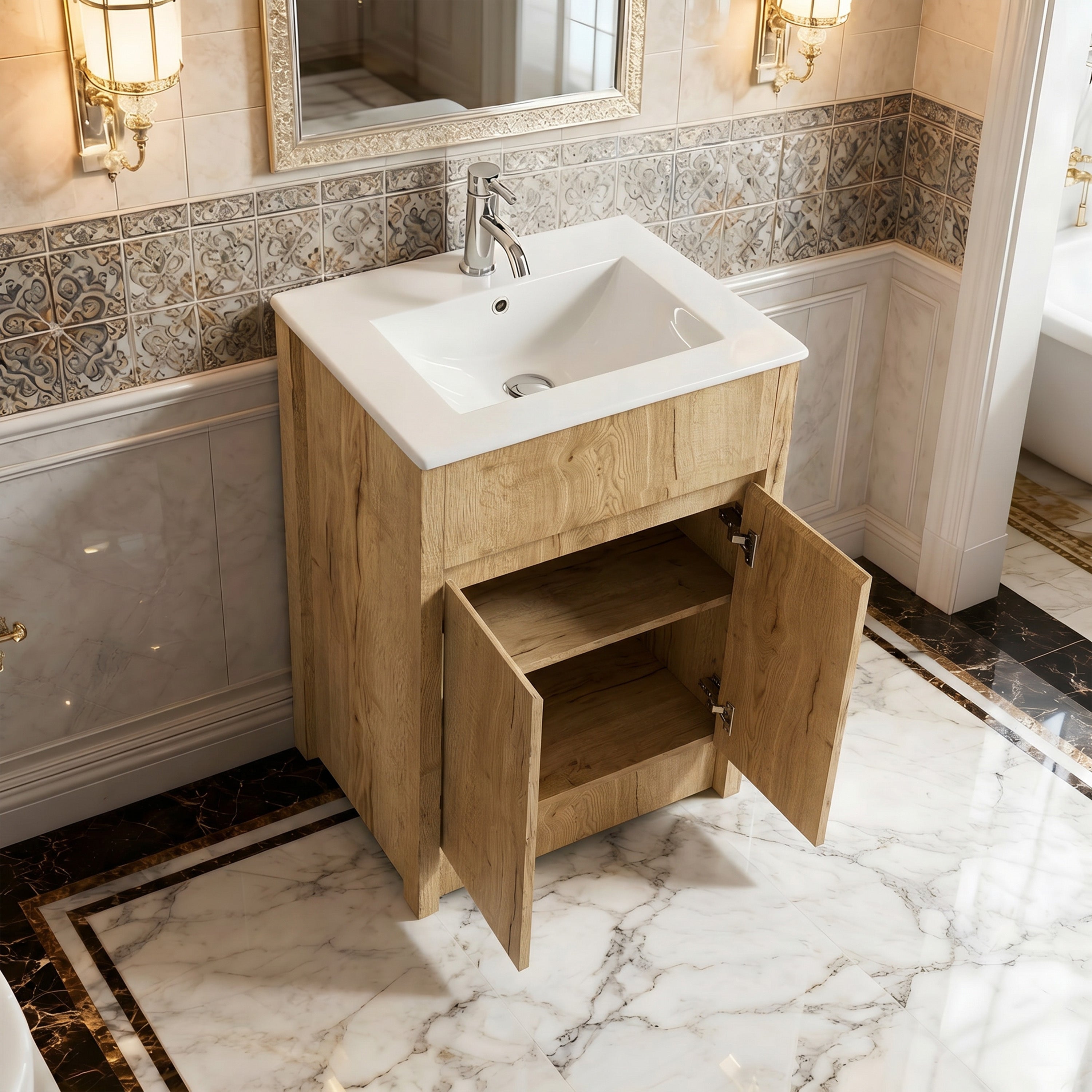Meuble-lavabo autoportant 24po en chêne givré avec comptoir en céramique blanche