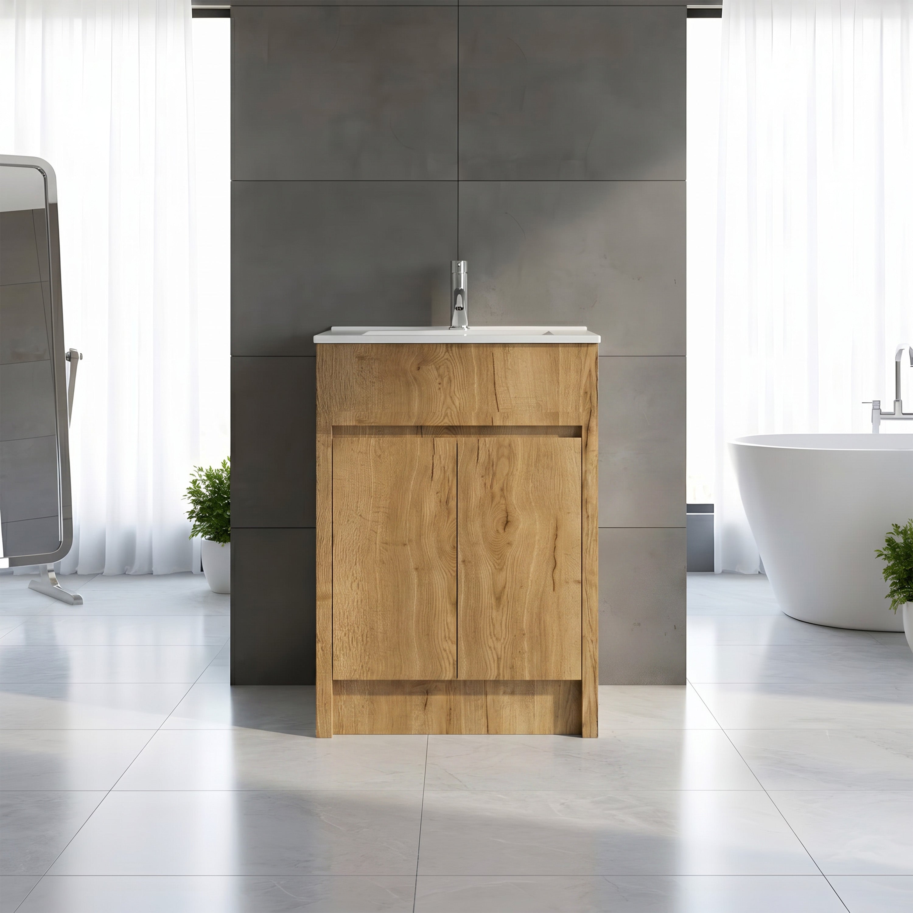 Meuble-lavabo autoportant 24po en chêne givré avec comptoir en céramique blanche