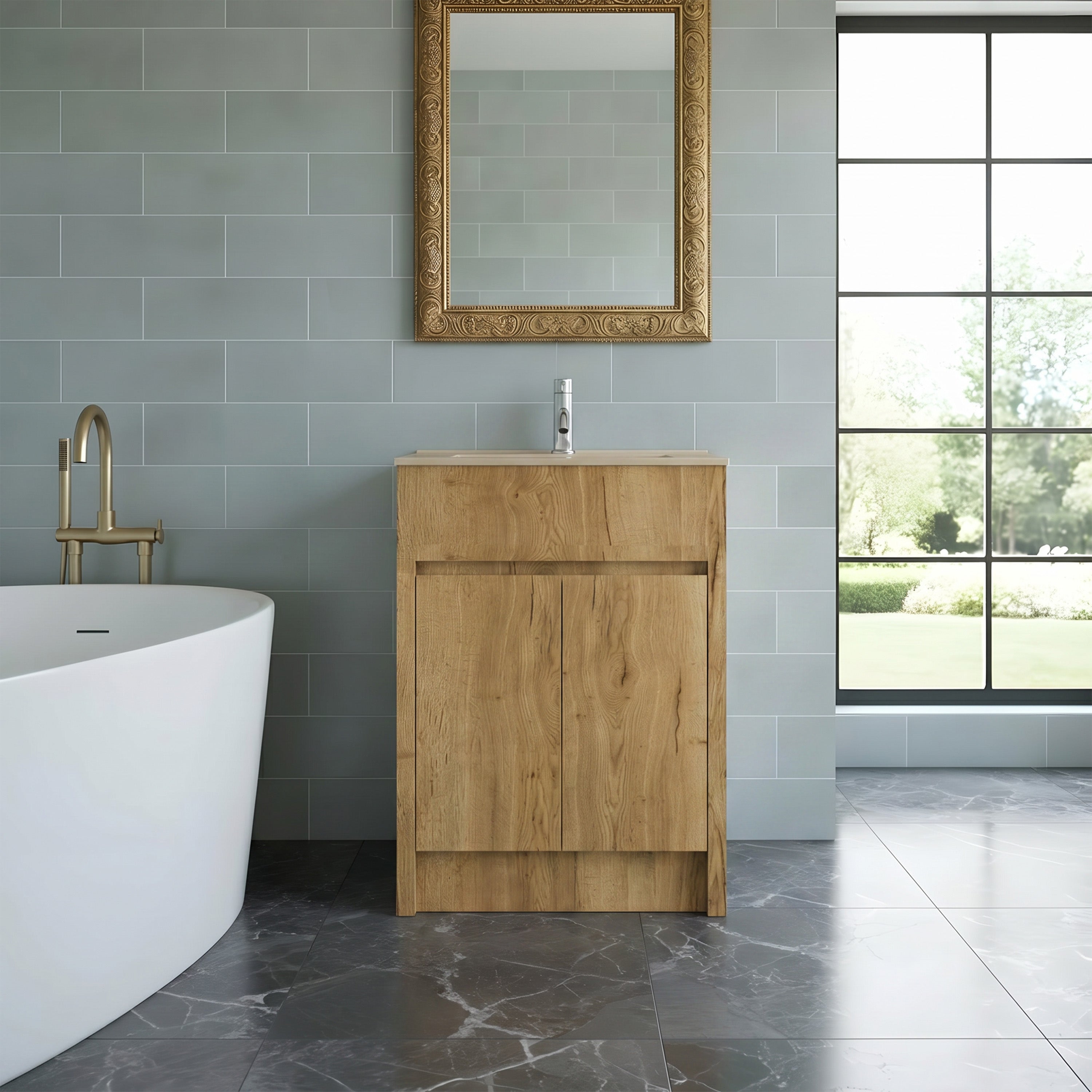 Meuble-lavabo autoportant 24po en chêne givré avec comptoir en céramique blanche