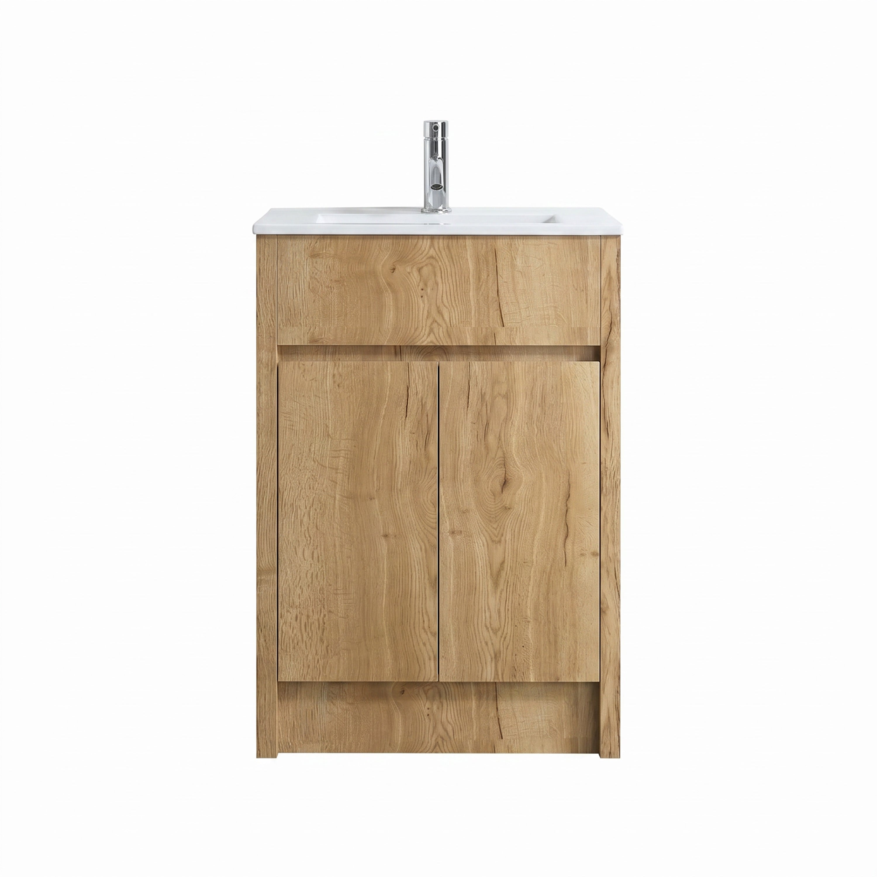 Meuble-lavabo autoportant 24po en chêne givré avec comptoir en céramique blanche