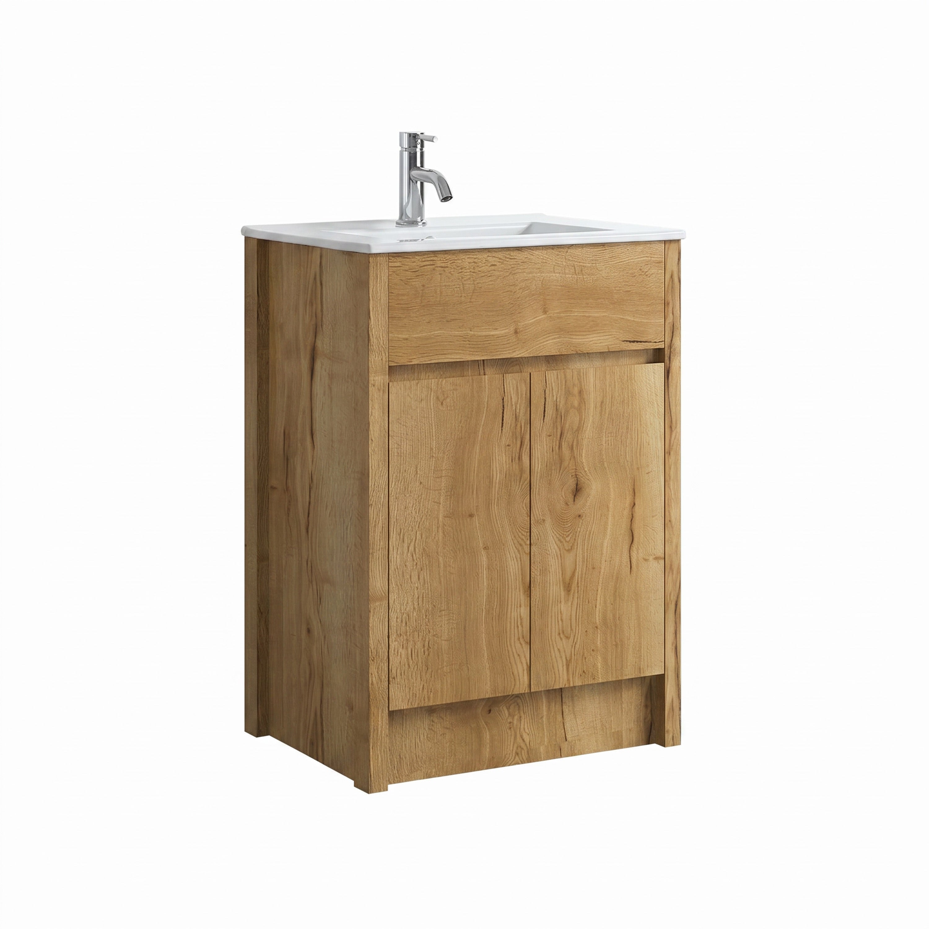 Meuble-lavabo autoportant 24po en chêne givré avec comptoir en céramique blanche